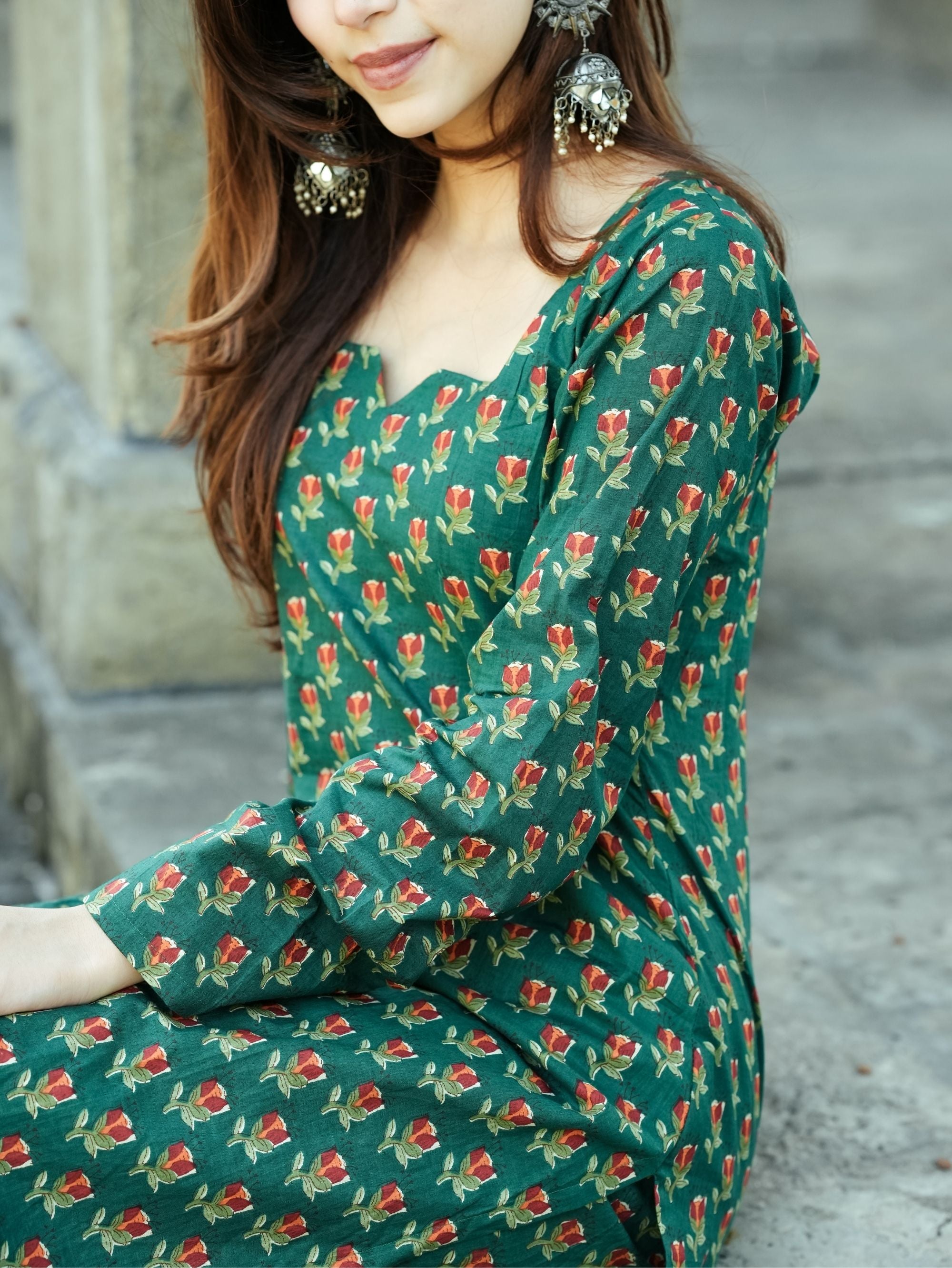 Samira Green Printed Cotton Kurta Pant Set
