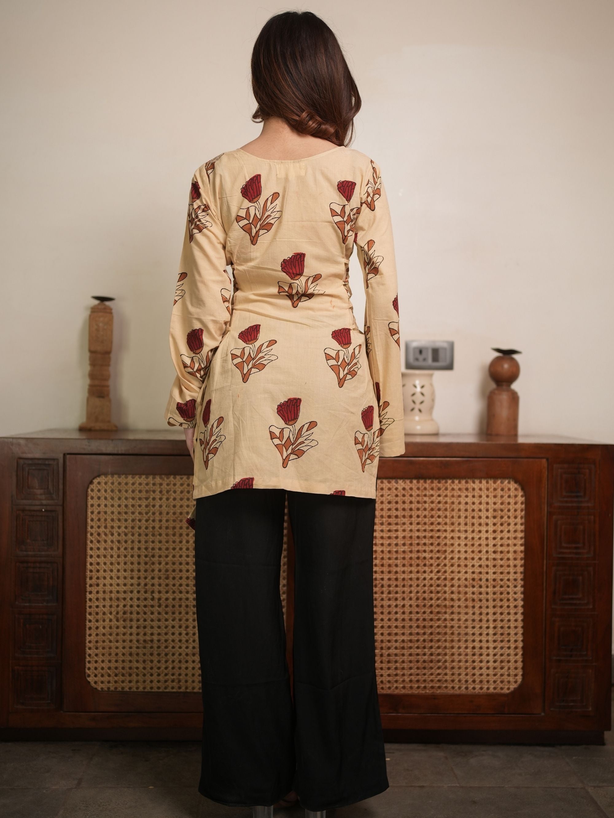 Phool Bloom Beige Cotton Short Kurti with Floral Print