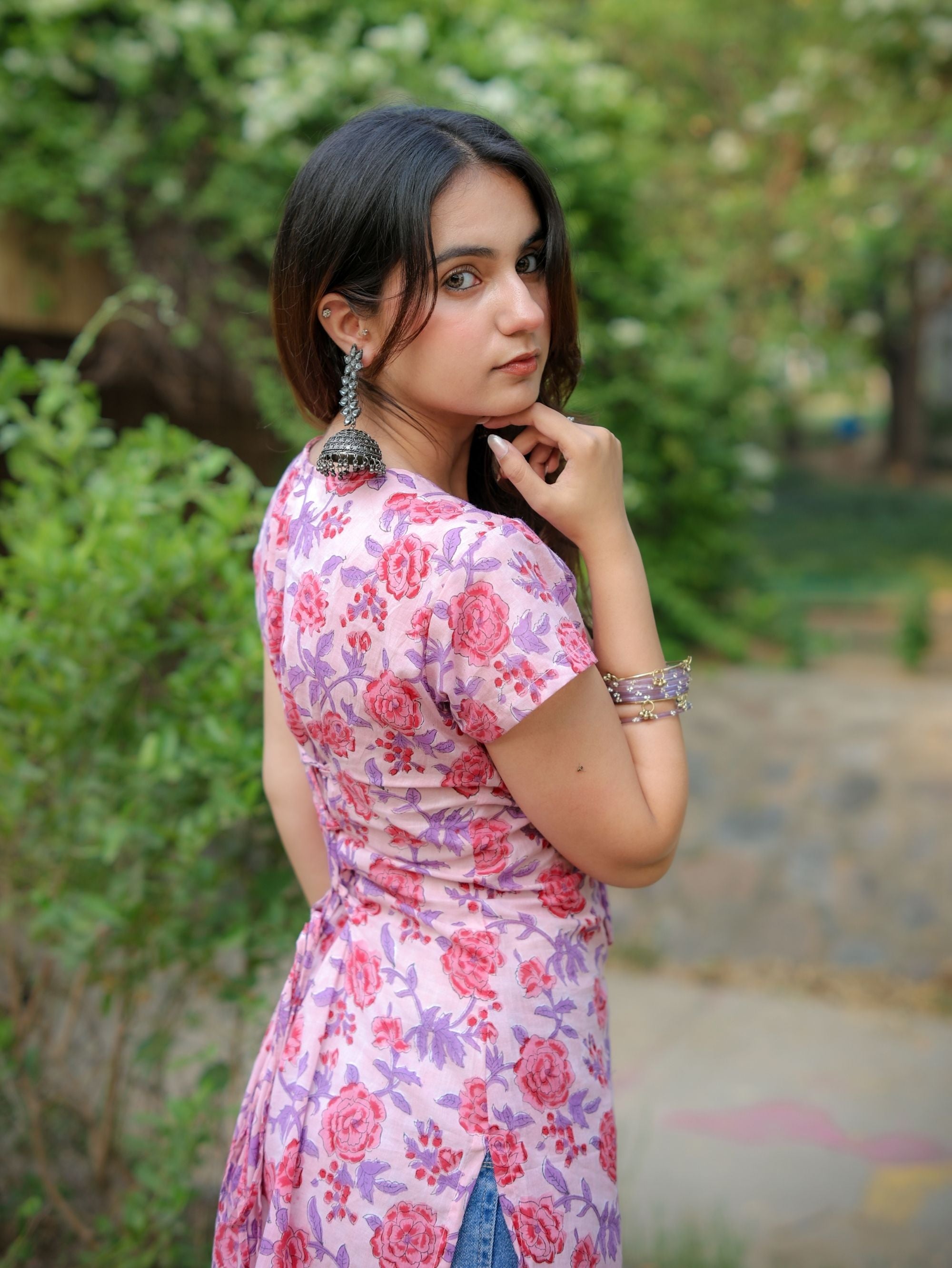 Misty Pink Handblock Short Kurti for Women