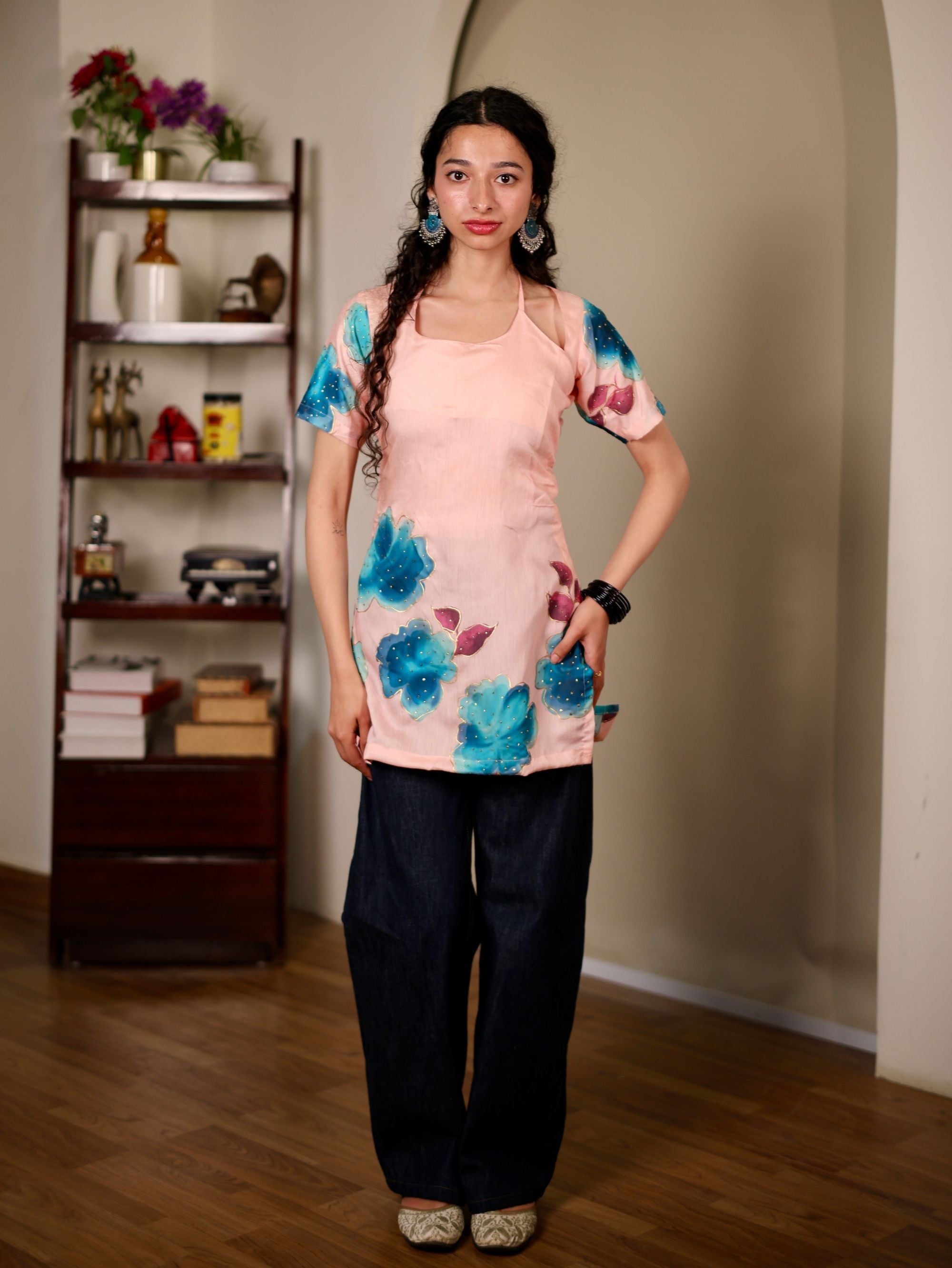 Sufi Pink Halter Neck Short Kurti