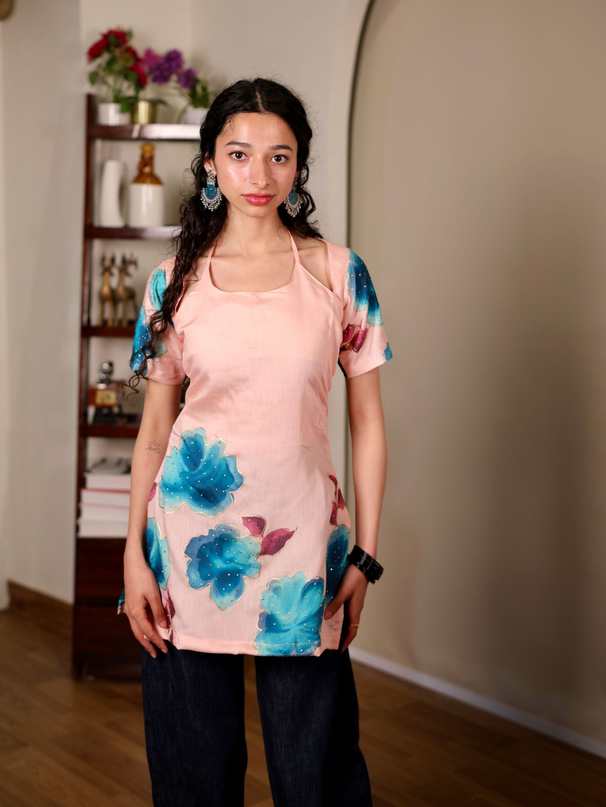 Sufi Pink Halter Neck Short Kurti
