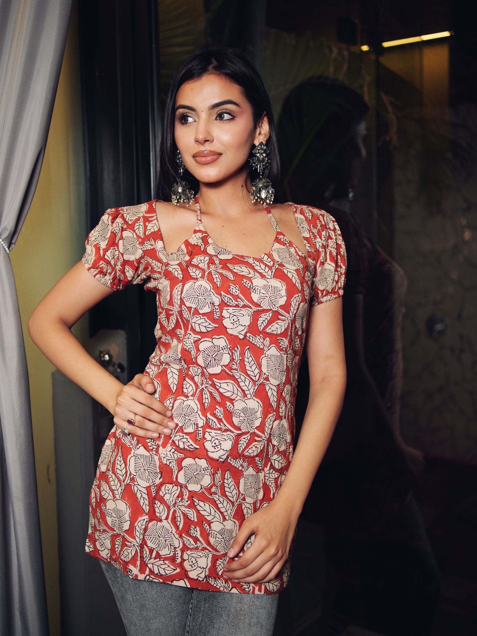 Sejal Short Kurti for Women - Rust Red Cotton Handblock Print