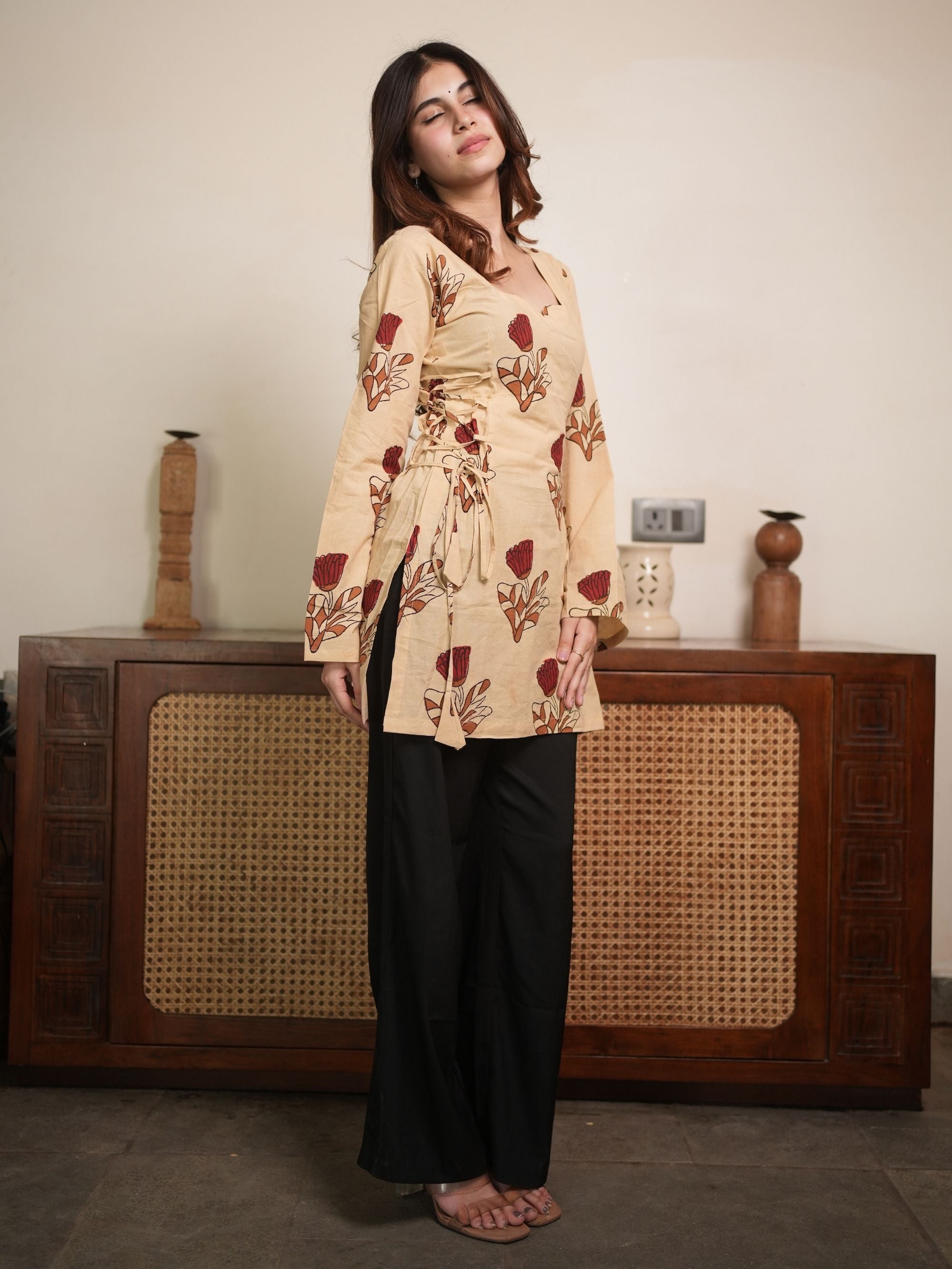 Phool Bloom Beige Cotton Short Kurti with Floral Print