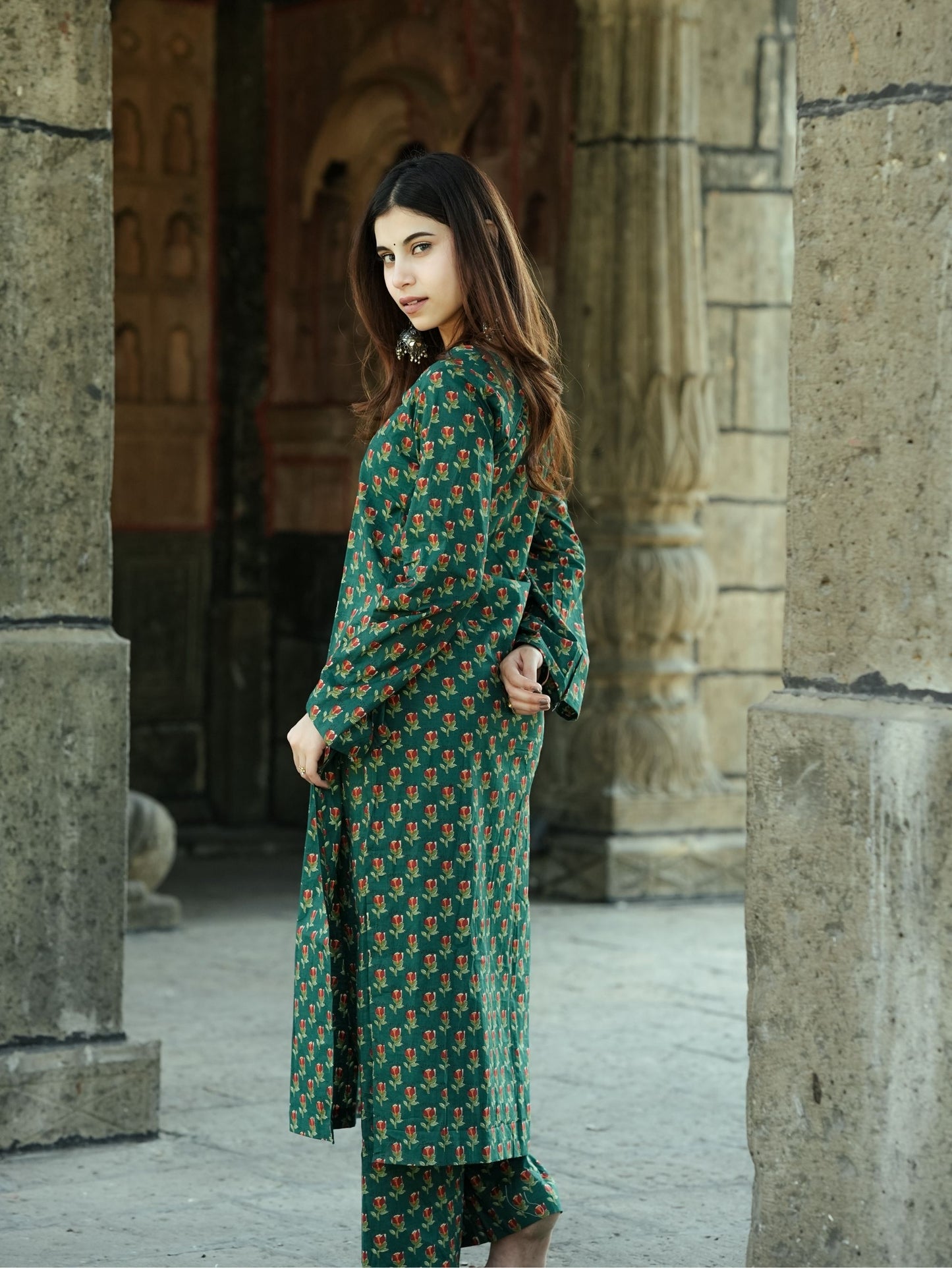 Samira Green Printed Cotton Kurta Pant Set