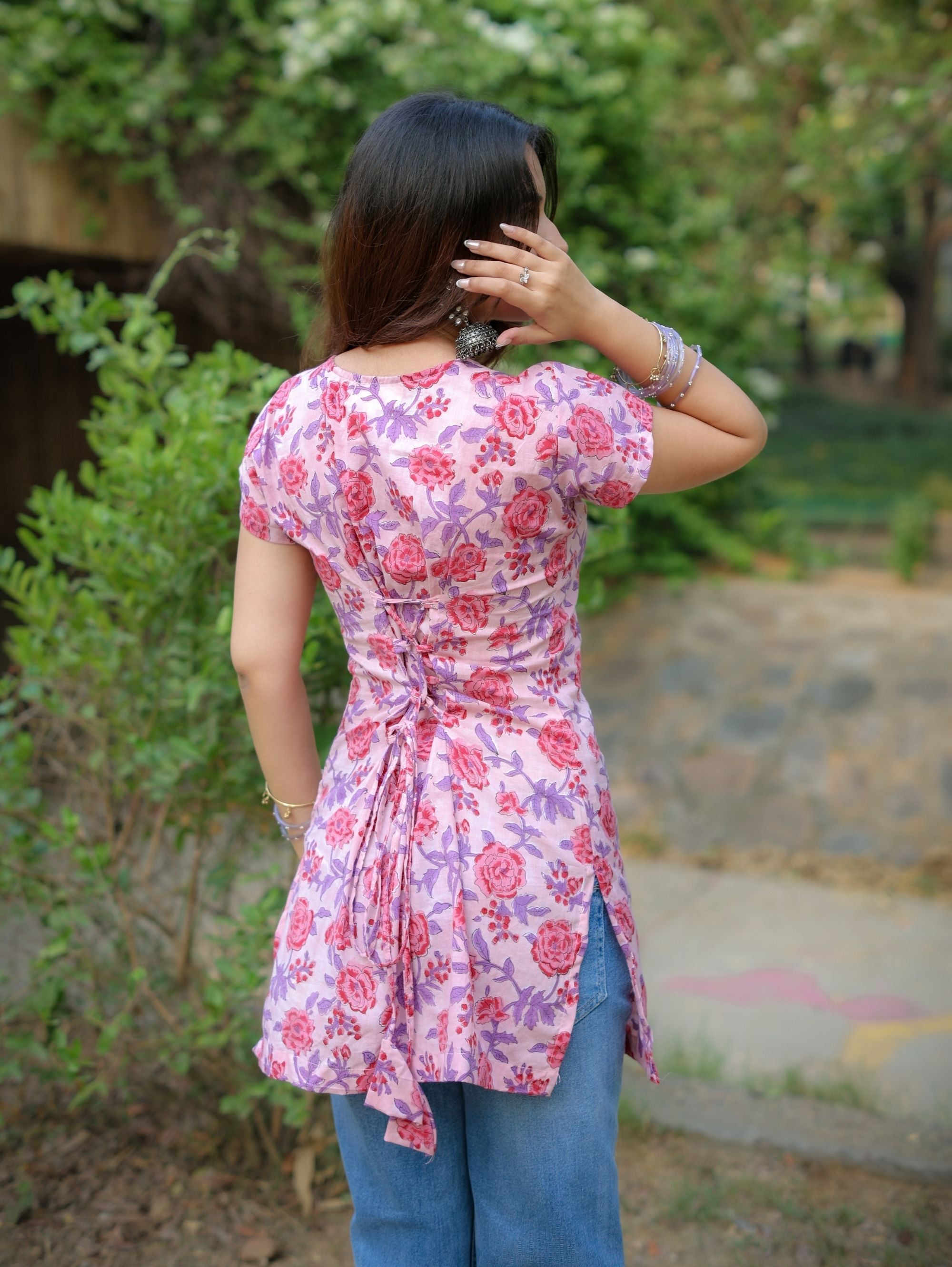 Misty Pink Handblock Short Kurti for Women