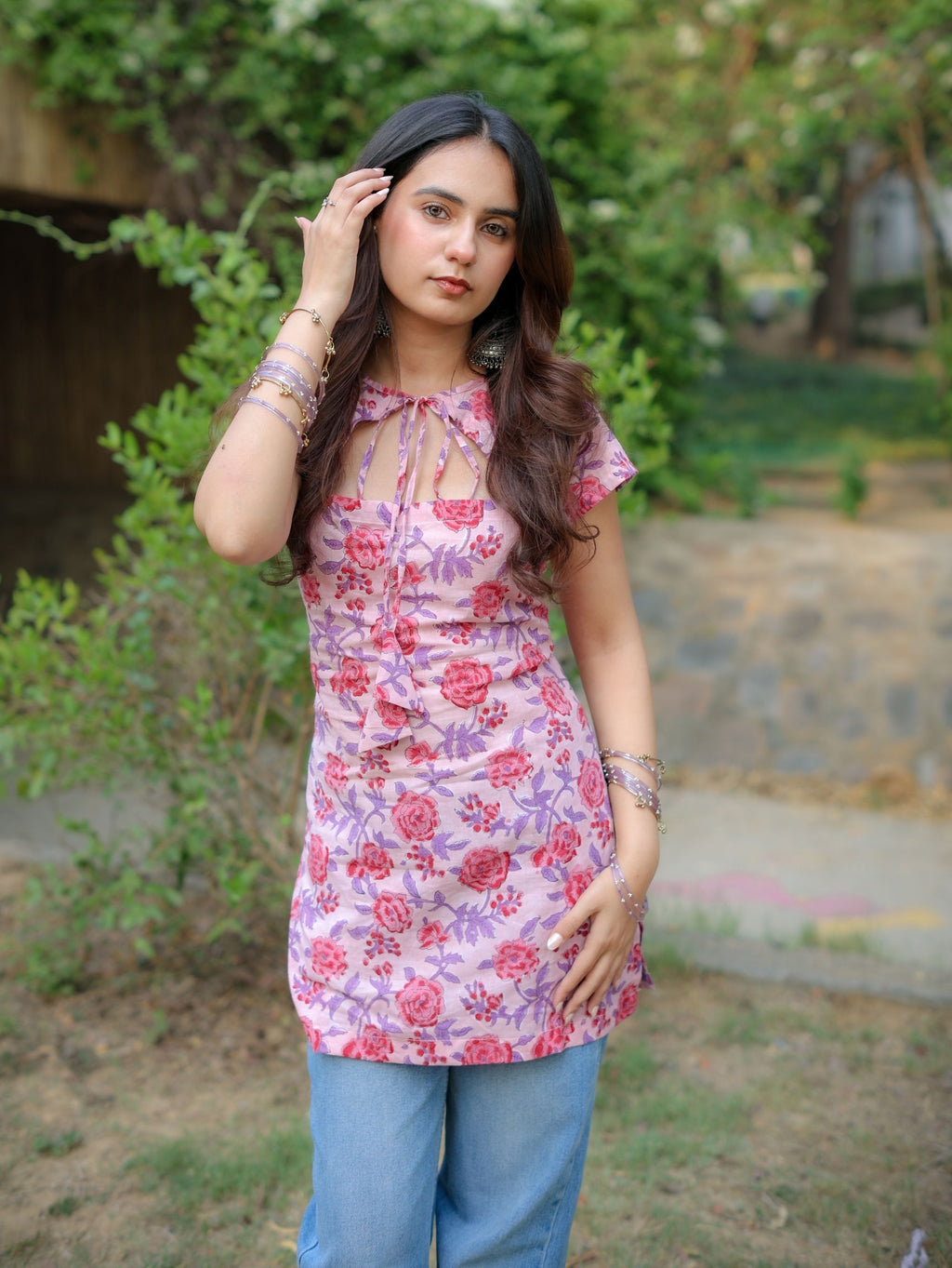 Misty Pink Handblock Short Kurti for Women