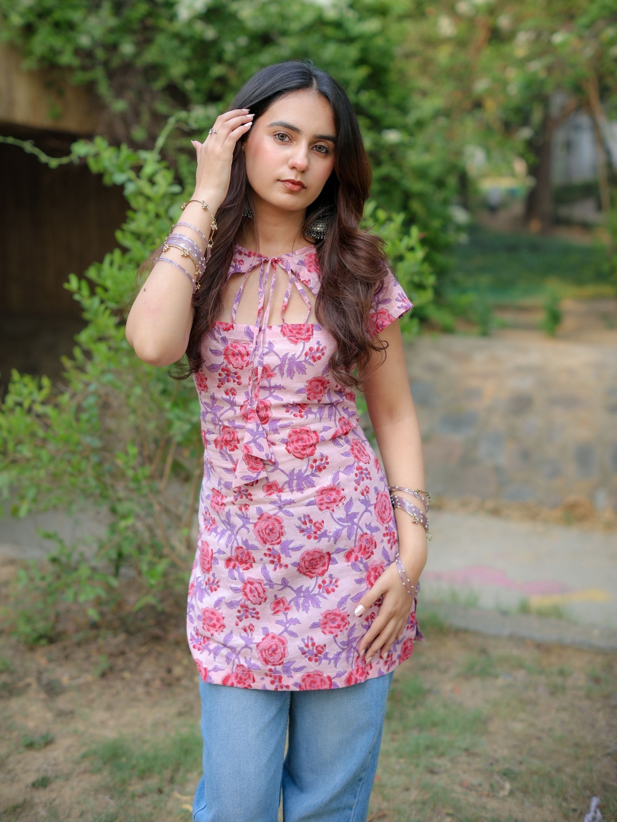 Misty Pink Handblock Short Kurti for Women