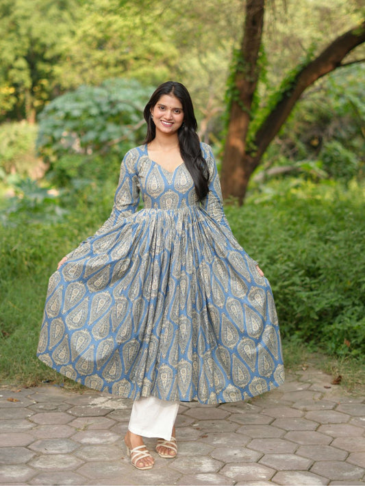 Blue Paisley Flared Kameez