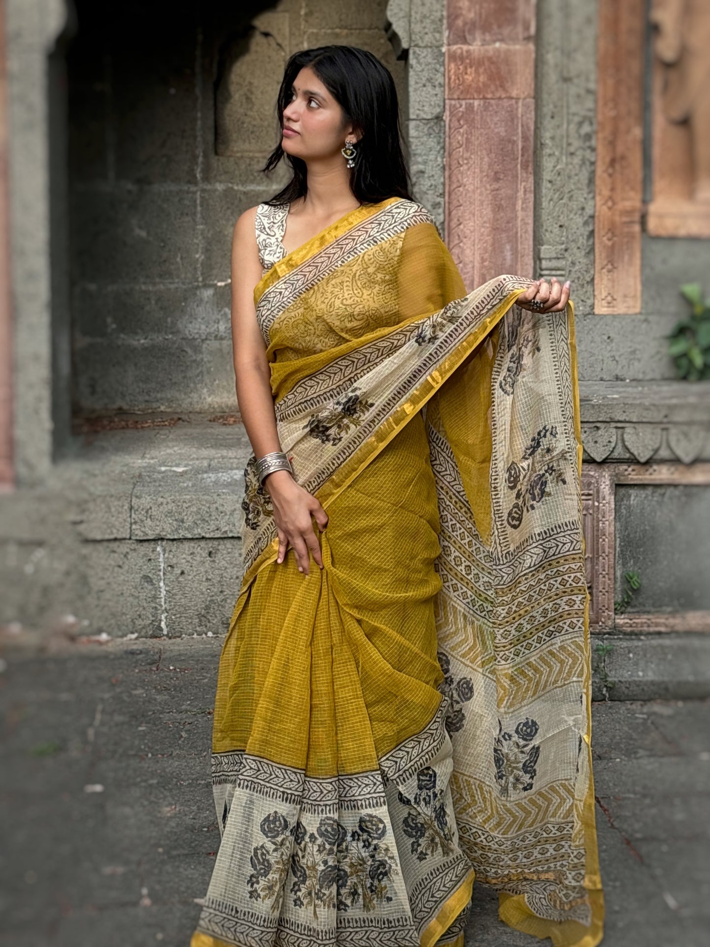 Yellow brown motif Kota doriya saree