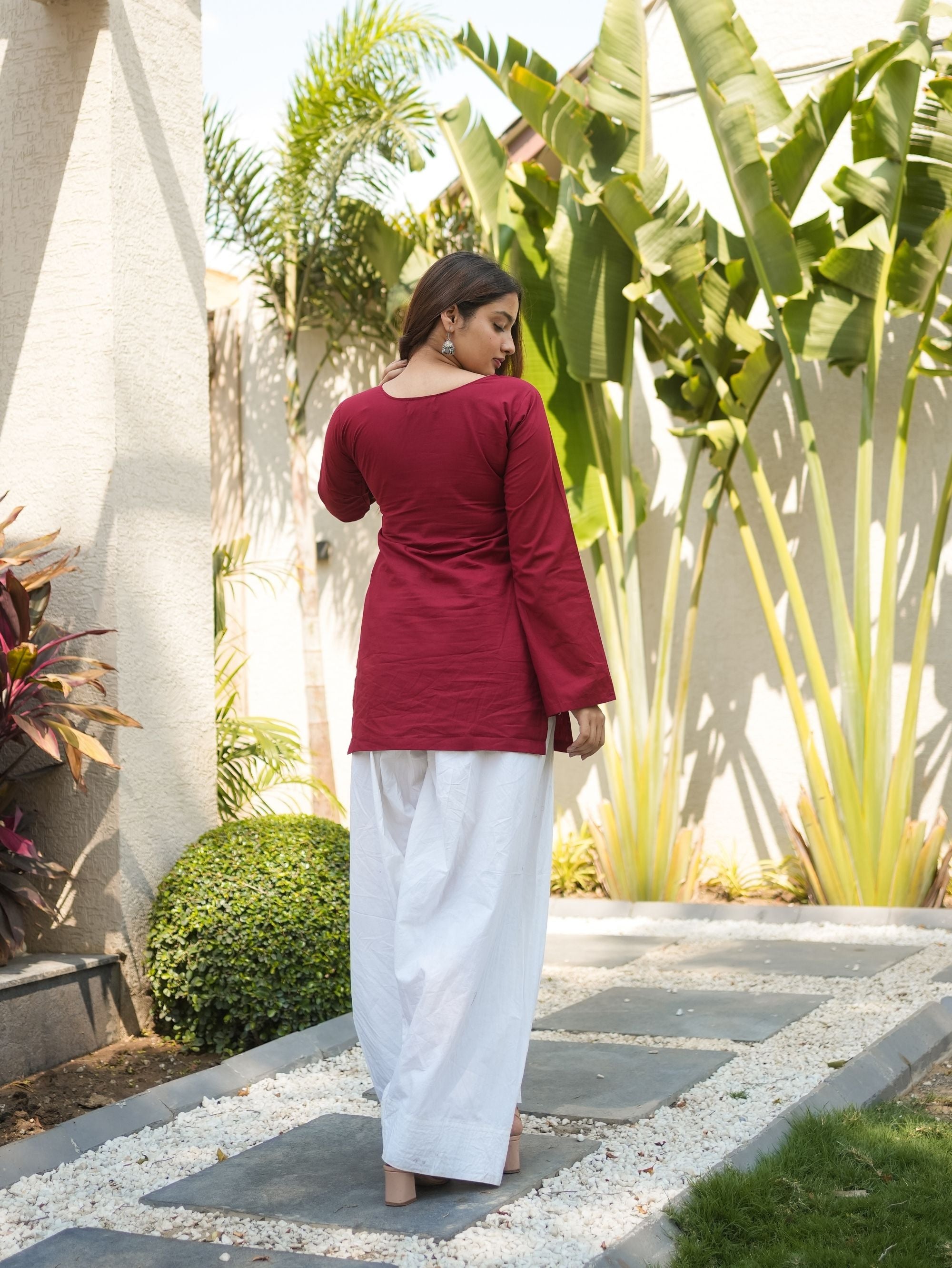 Cherry Glow Maroon Poplin Short Kurti with V Neck