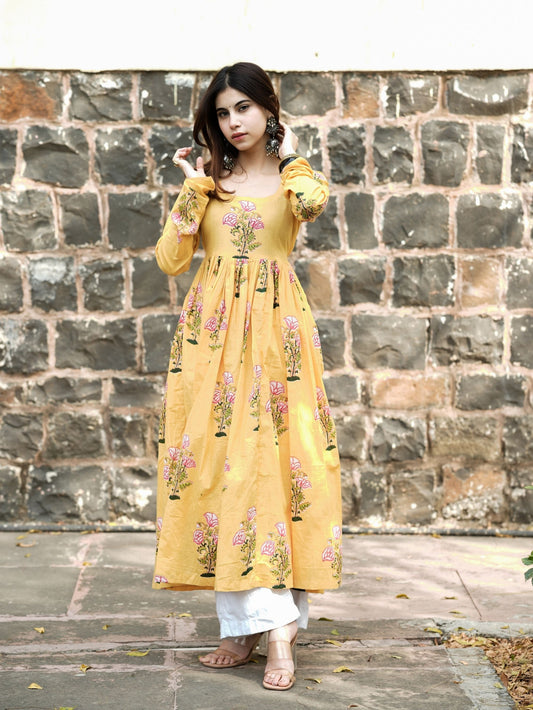 Aayat Yellow Cotton Anarkali Kameez with Floral Print