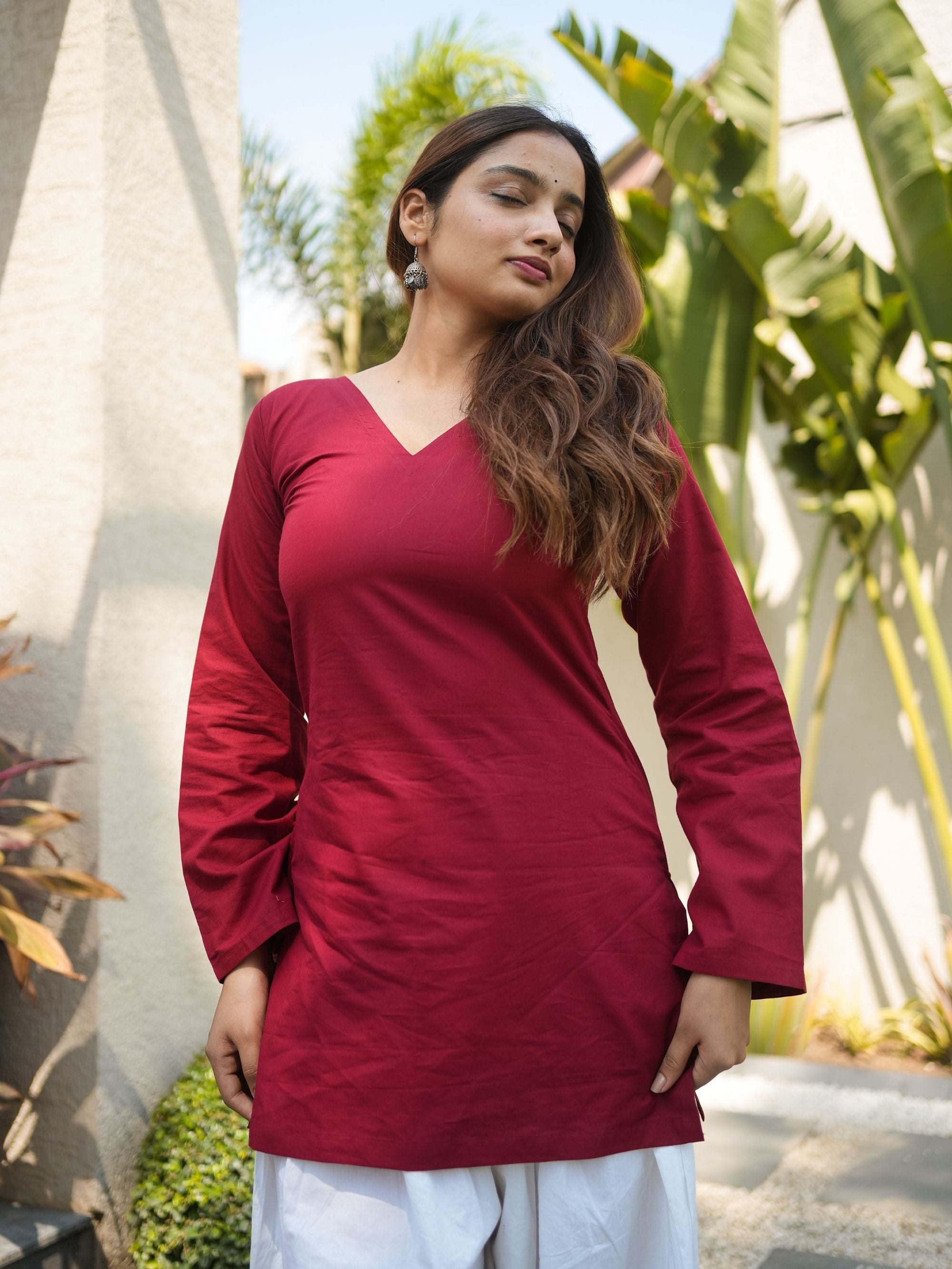 Cherry Glow Maroon Poplin Short Kurti with V Neck