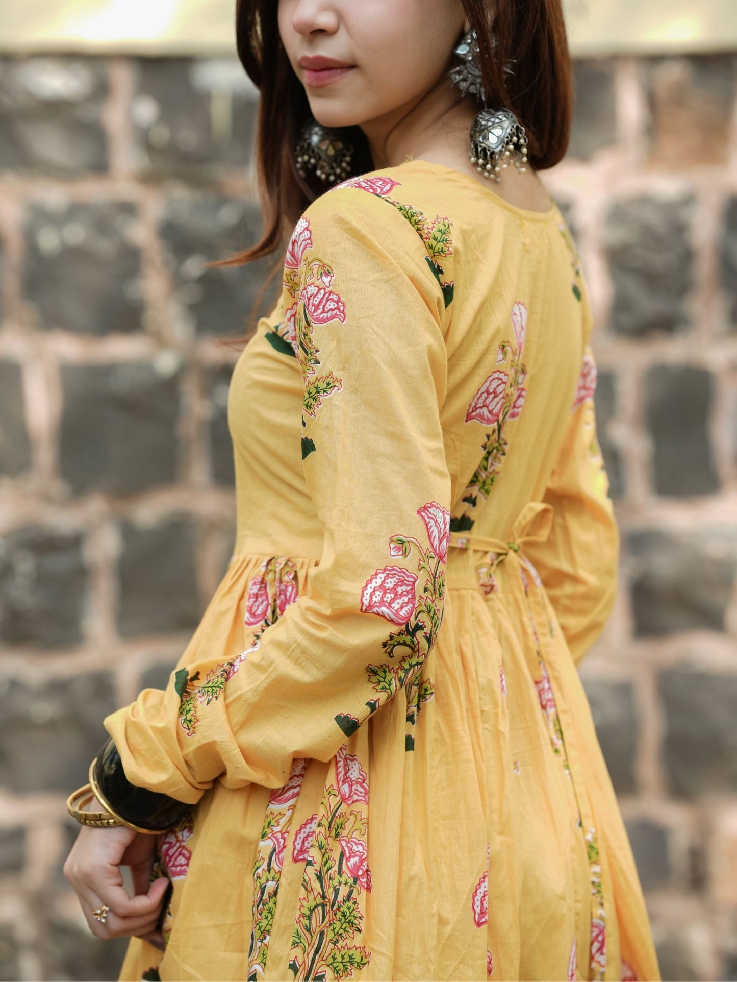 Aayat Yellow Cotton Anarkali Kameez with Floral Print