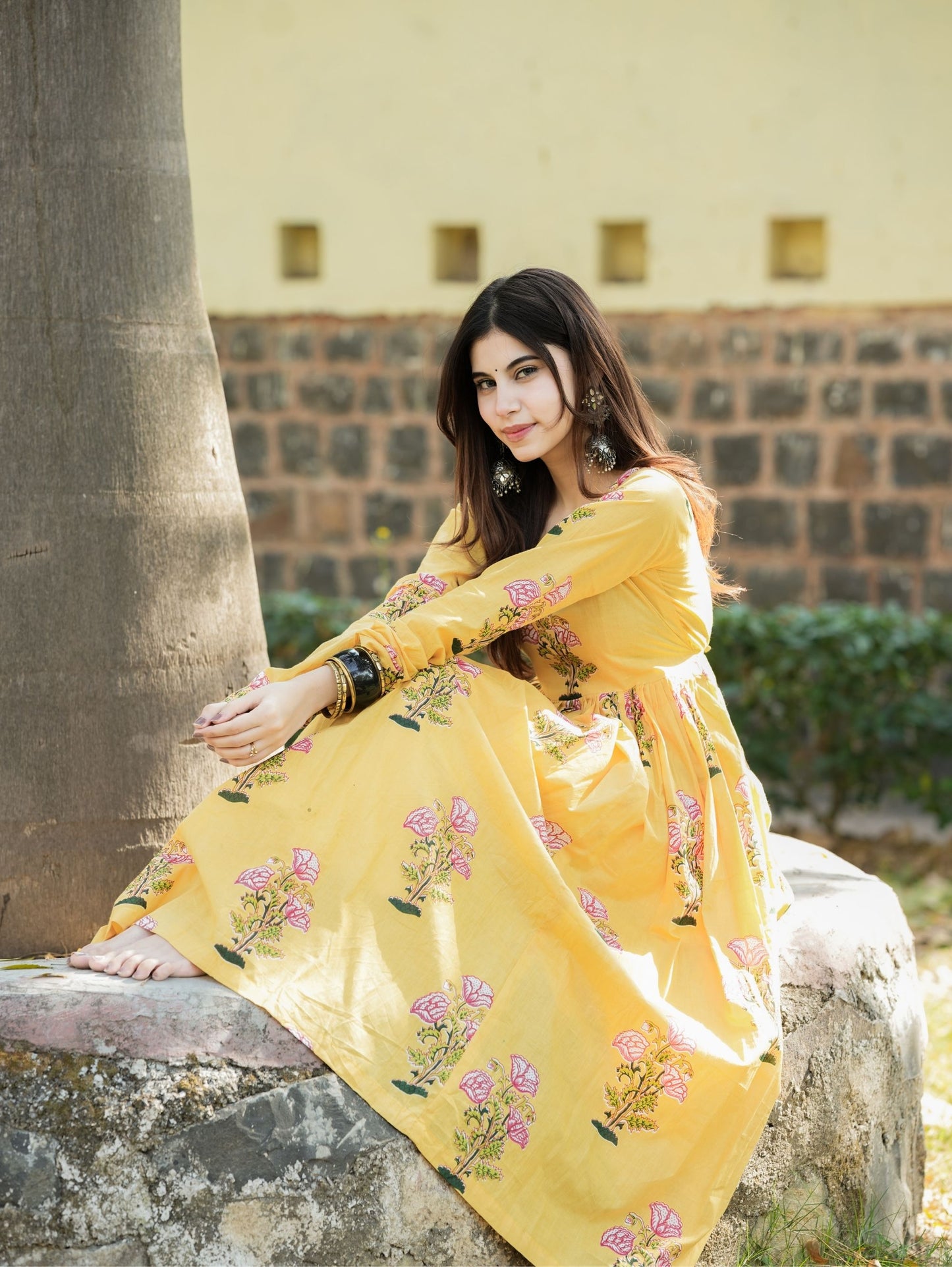 Aayat Yellow Cotton Anarkali Kameez with Floral Print