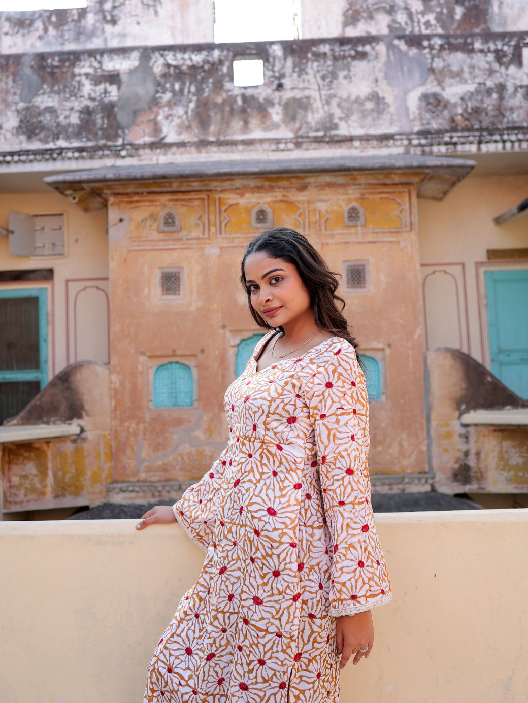 Nayla Winter Gojh Kameez in White and Yellow