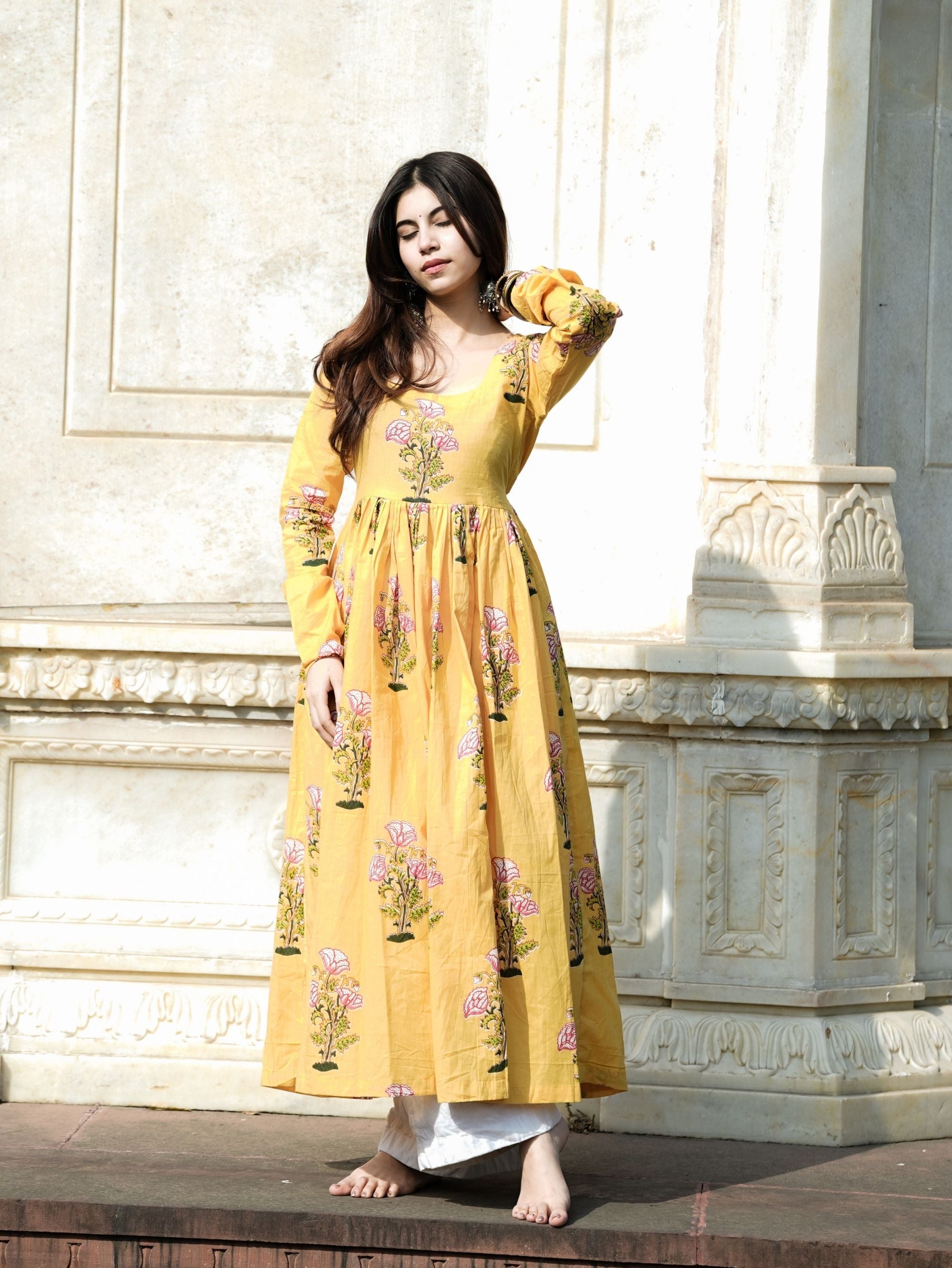 Aayat Yellow Cotton Anarkali Kameez with Floral Print