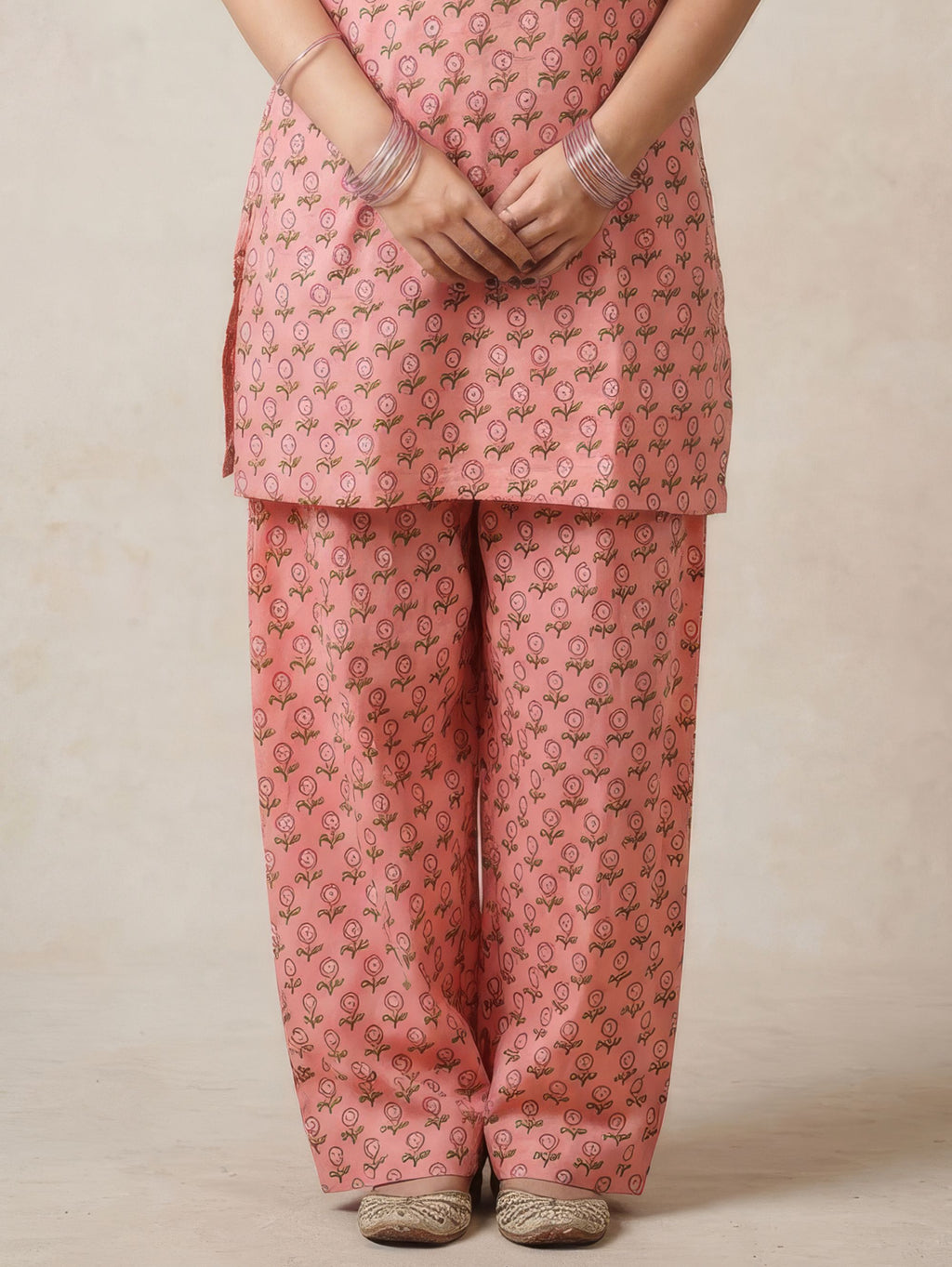 Pink Lily Cotton Handblock Farshi Salwar Set for Women