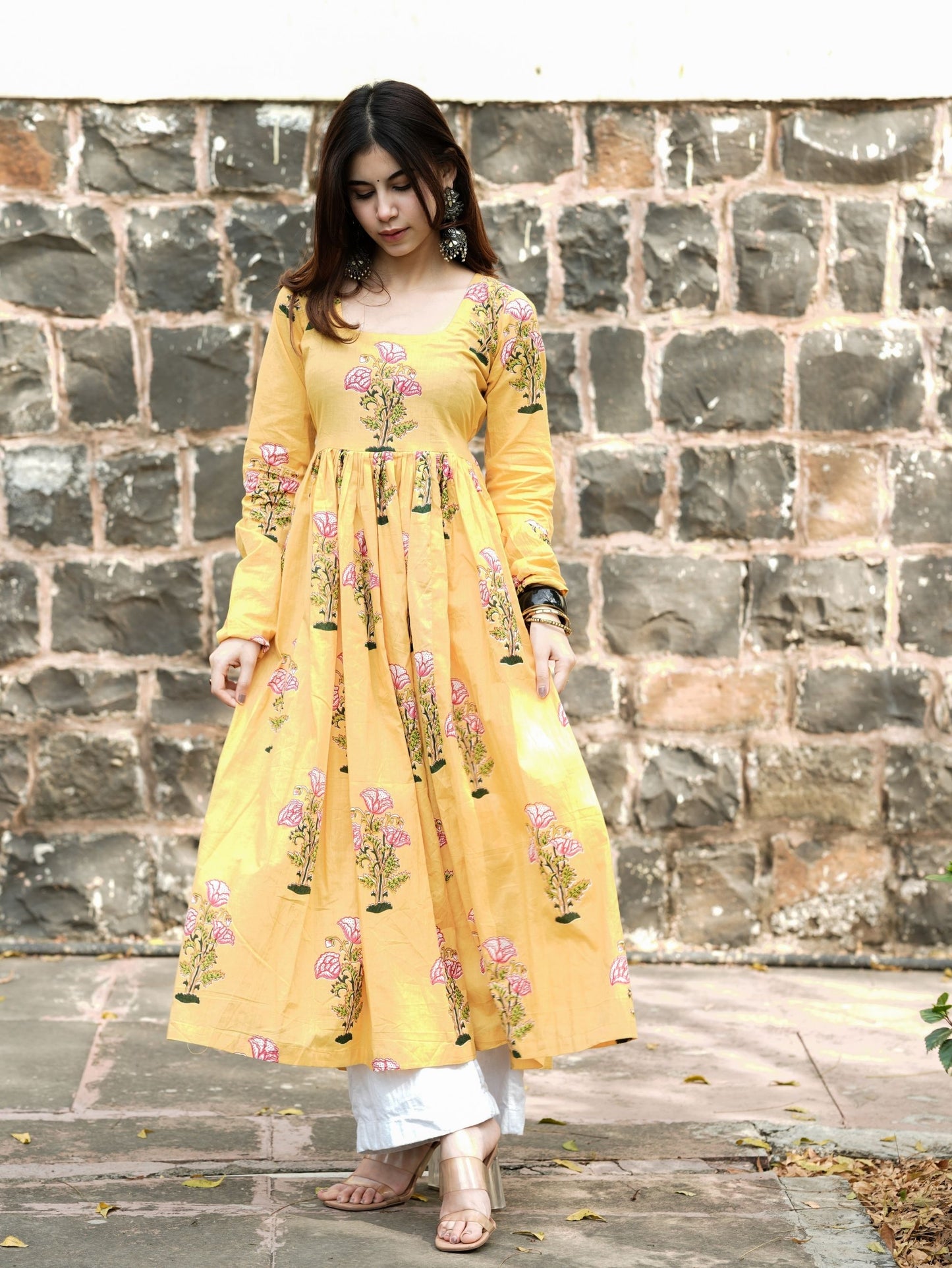 Aayat Yellow Cotton Anarkali Kameez with Floral Print