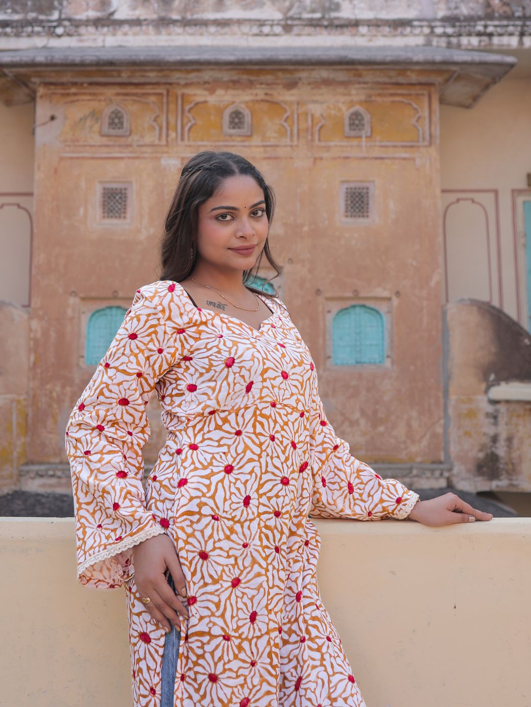 Nayla Winter Gojh Kameez in White and Yellow