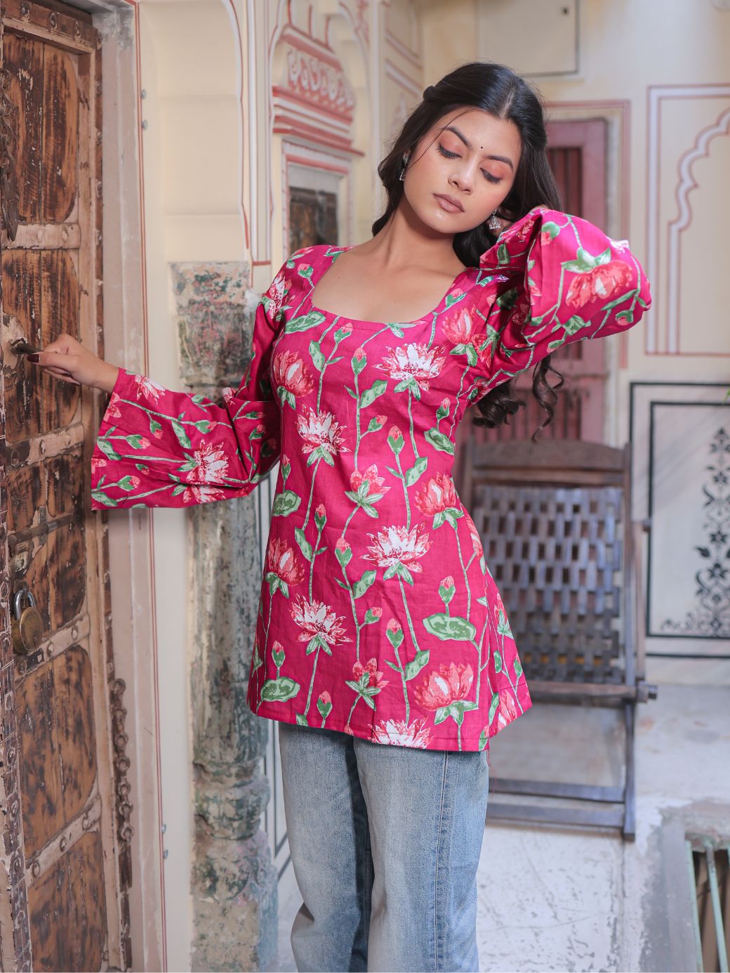 Mishti Pink Lotus Print Cotton Short Kurti