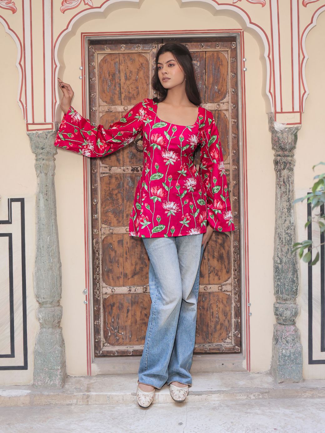 Mishti Pink Lotus Print Cotton Short Kurti