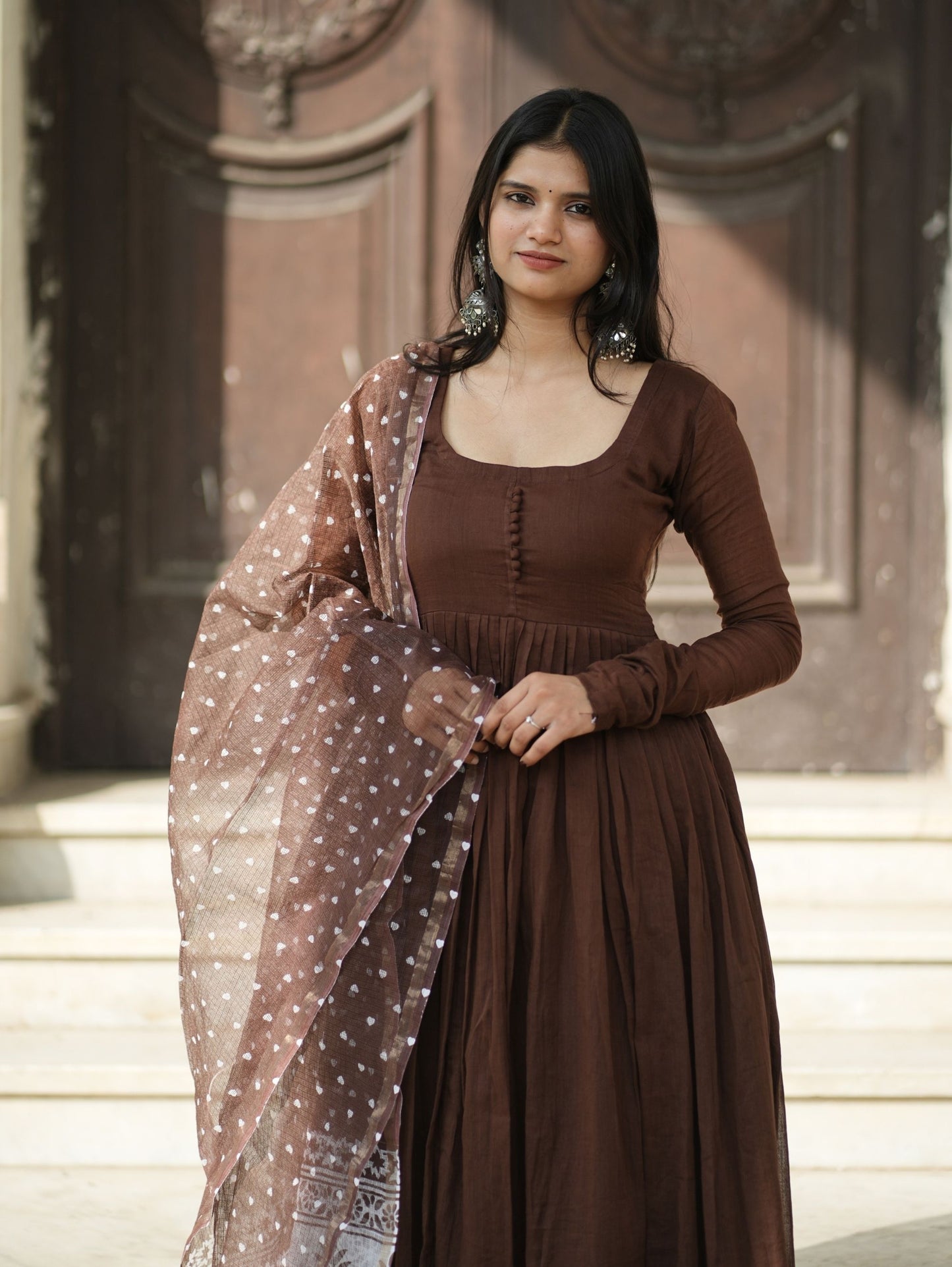 Dilruba Brown Mul Cotton Anarkali 3 Piece Suit Set with Dupatta