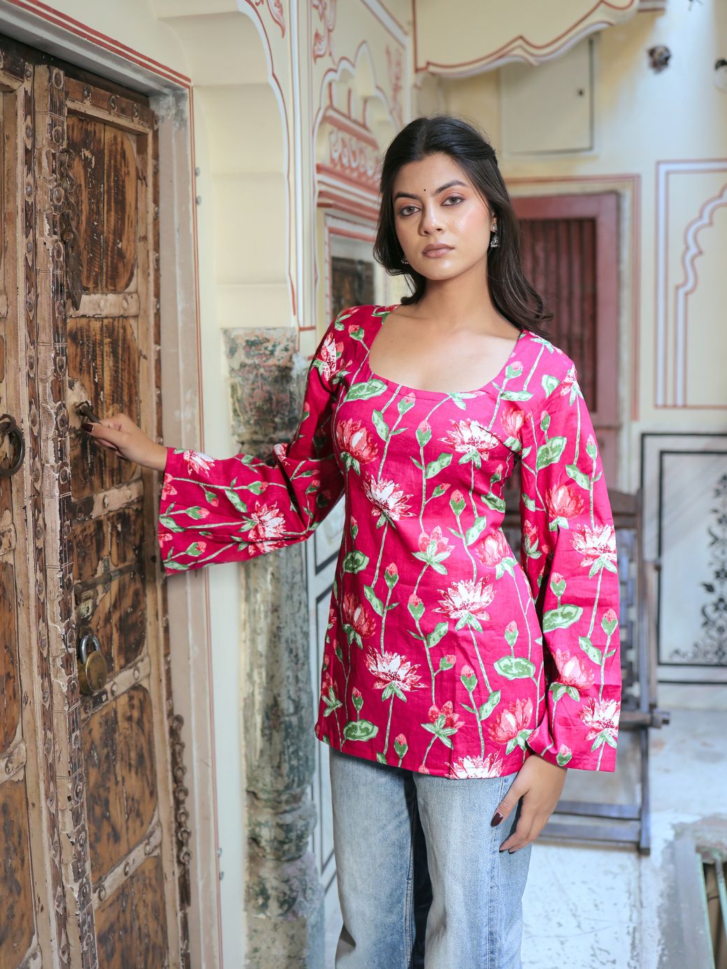 Mishti Pink Lotus Print Cotton Short Kurti