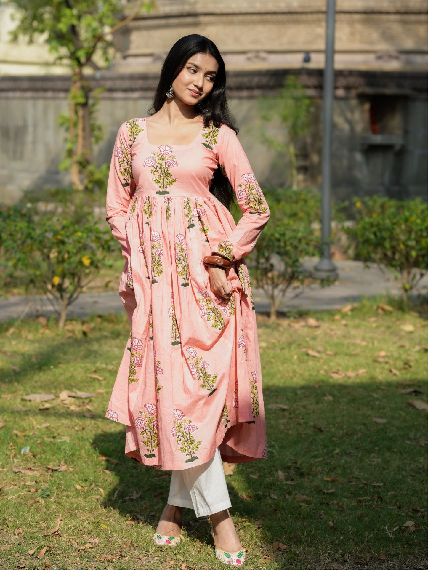 Rehmat Pink Cotton Anarkali Kameez with Floral Print