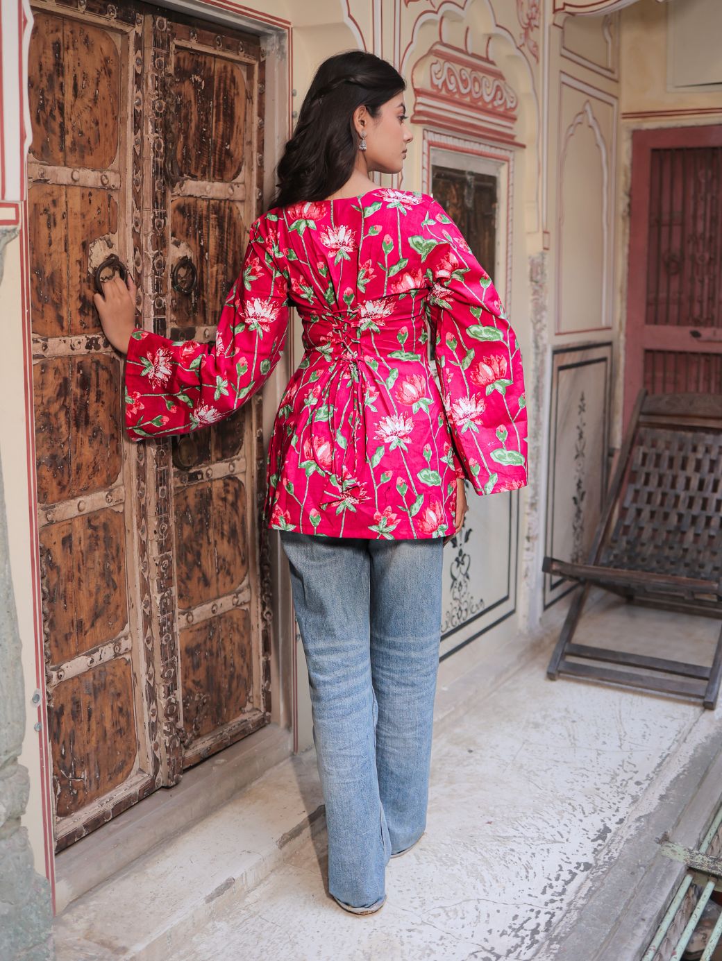 Mishti Pink Lotus Print Cotton Short Kurti