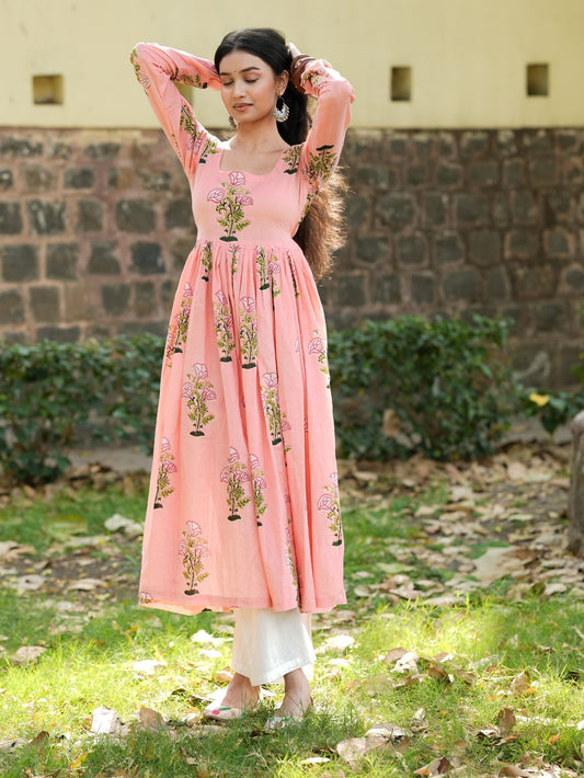 Rehmat Pink Cotton Anarkali Kameez with Floral Print