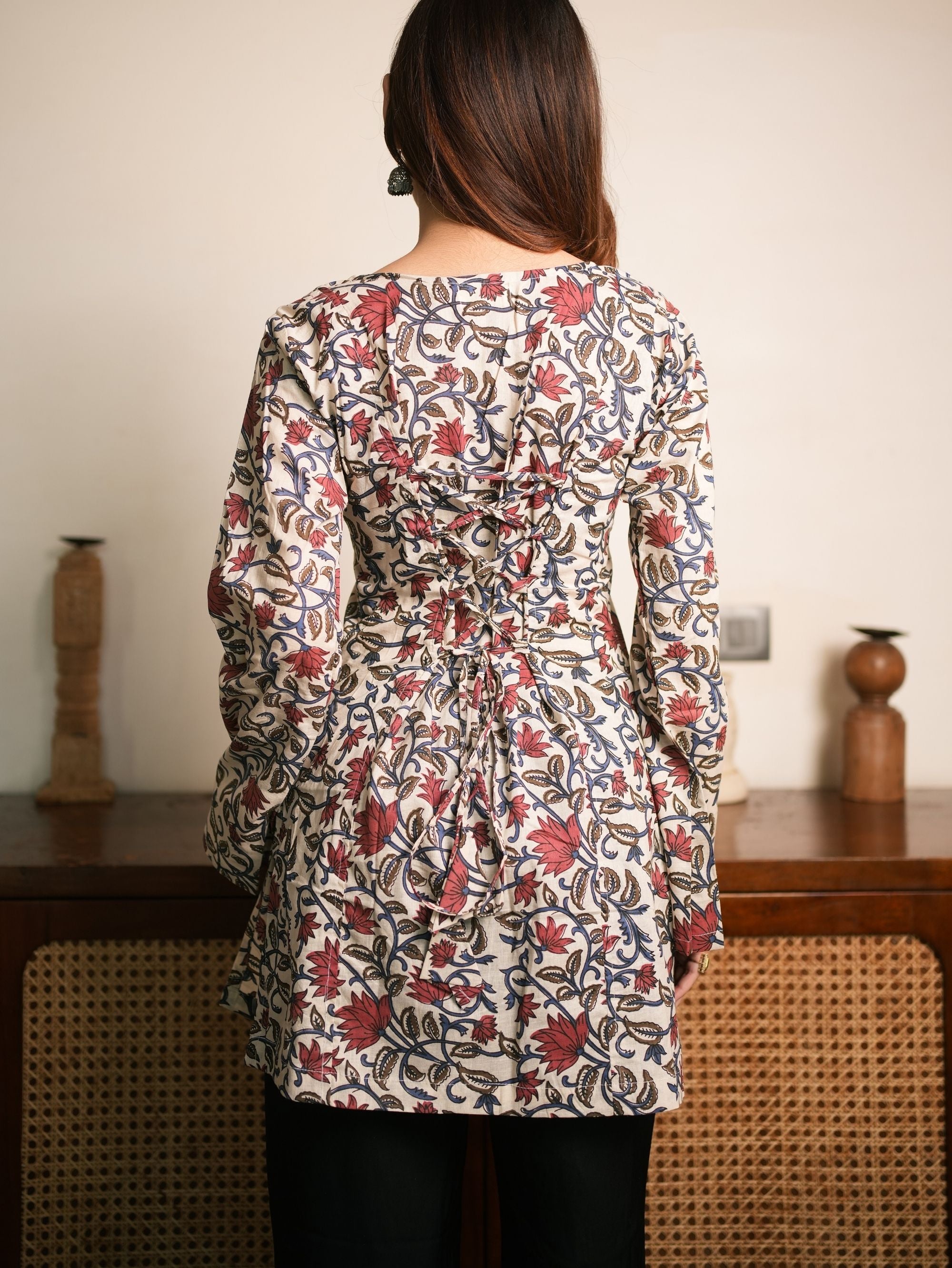 Blush on Beige Ivory Red Handblock Short Kurti