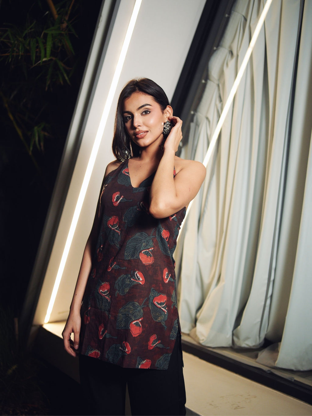Shaina Short Kurti for Women - Brown Halter Neck Cotton Kurti
