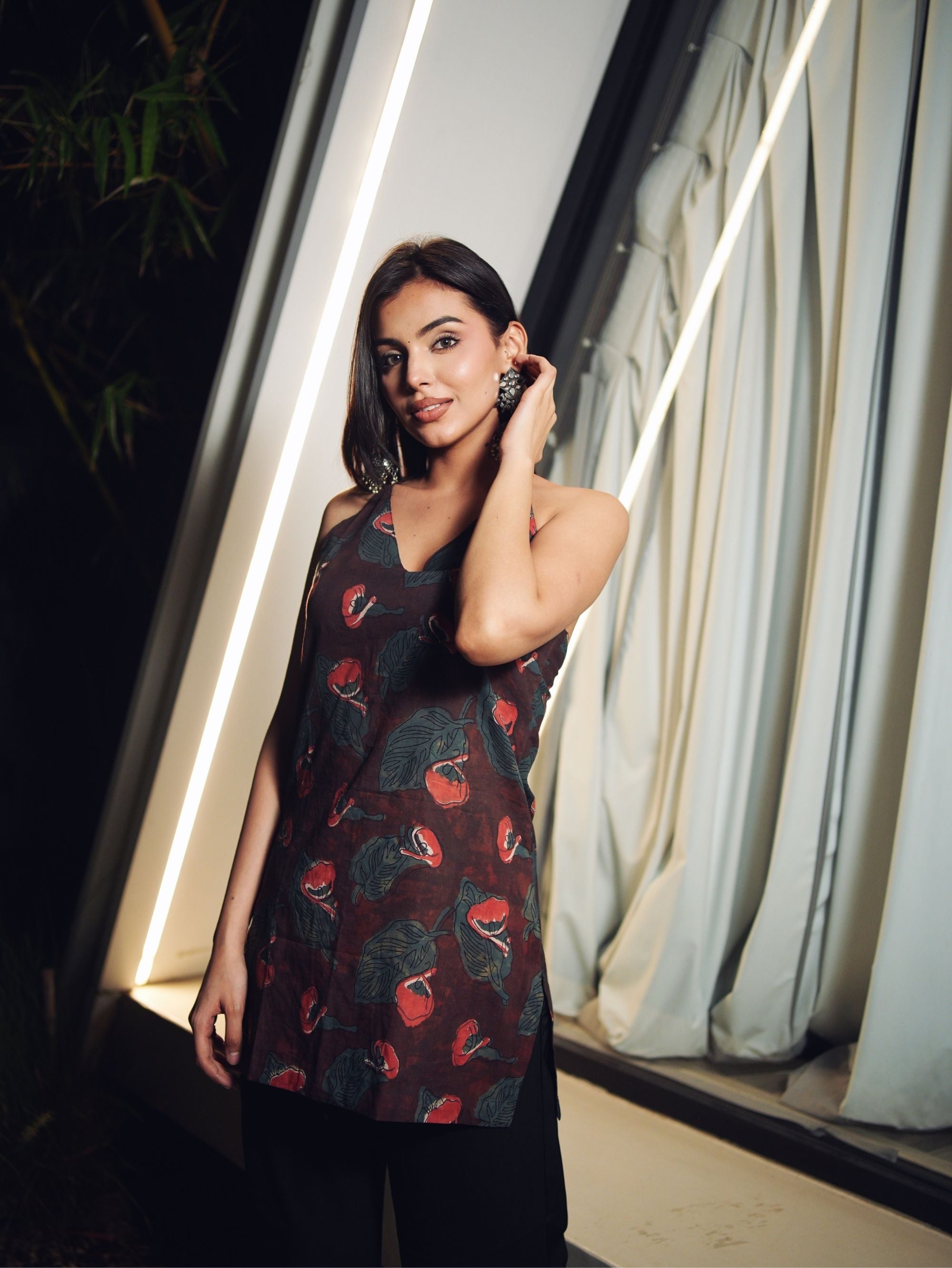 Shaina Short Kurti for Women - Brown Halter Neck Cotton Kurti