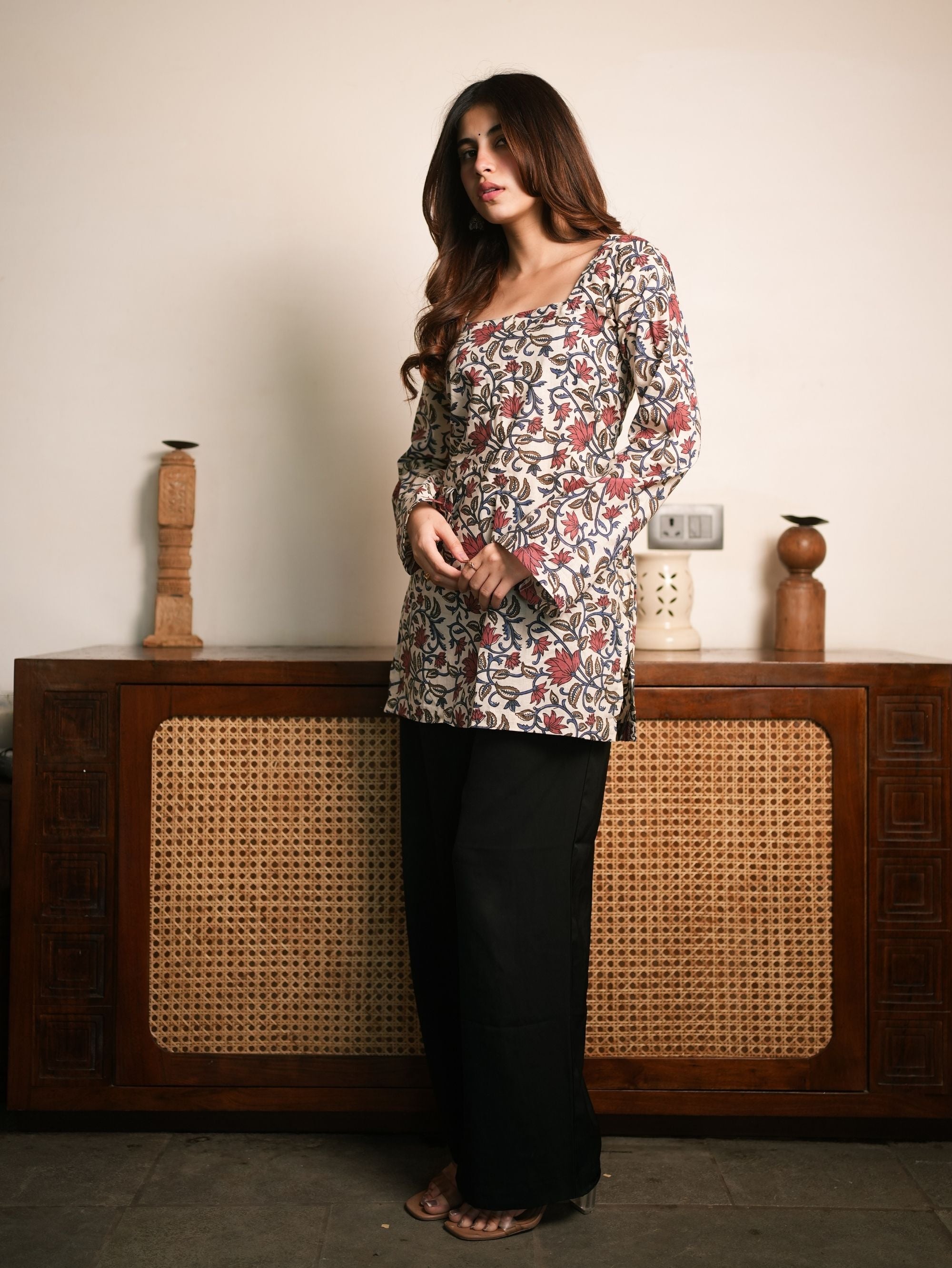 Blush on Beige Ivory Red Handblock Short Kurti