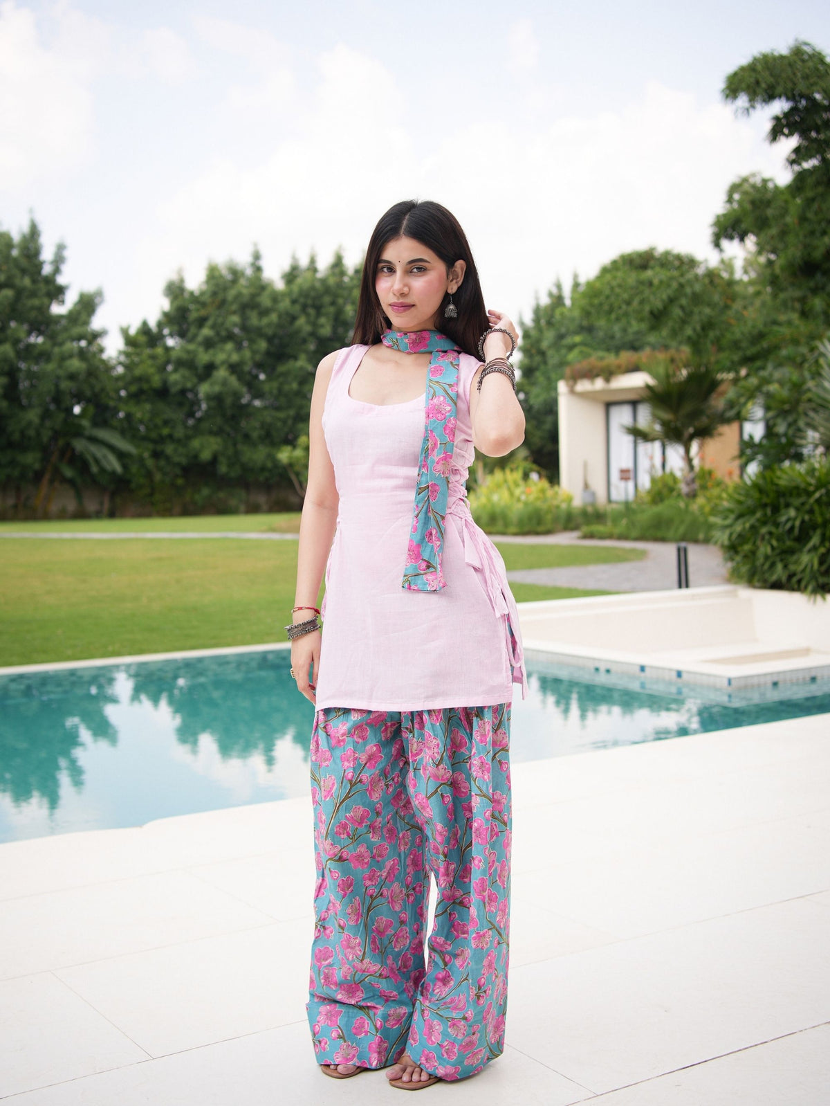 Gulri Pink & Blue Three Piece Farshi Set