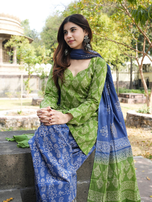 Suhani Green Blue Cotton Farshi Salwar Suit Set