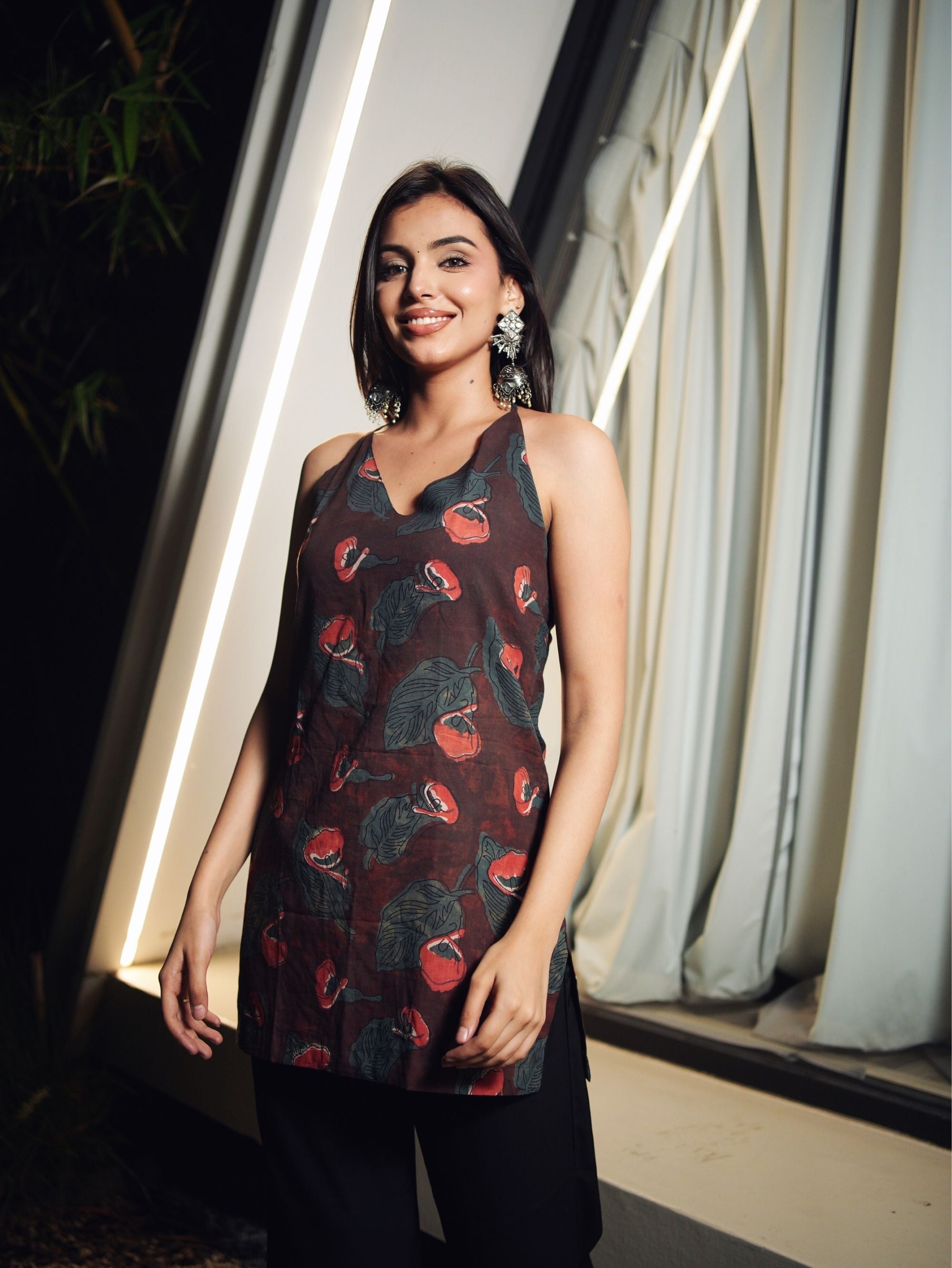 Shaina Short Kurti for Women - Brown Halter Neck Cotton Kurti