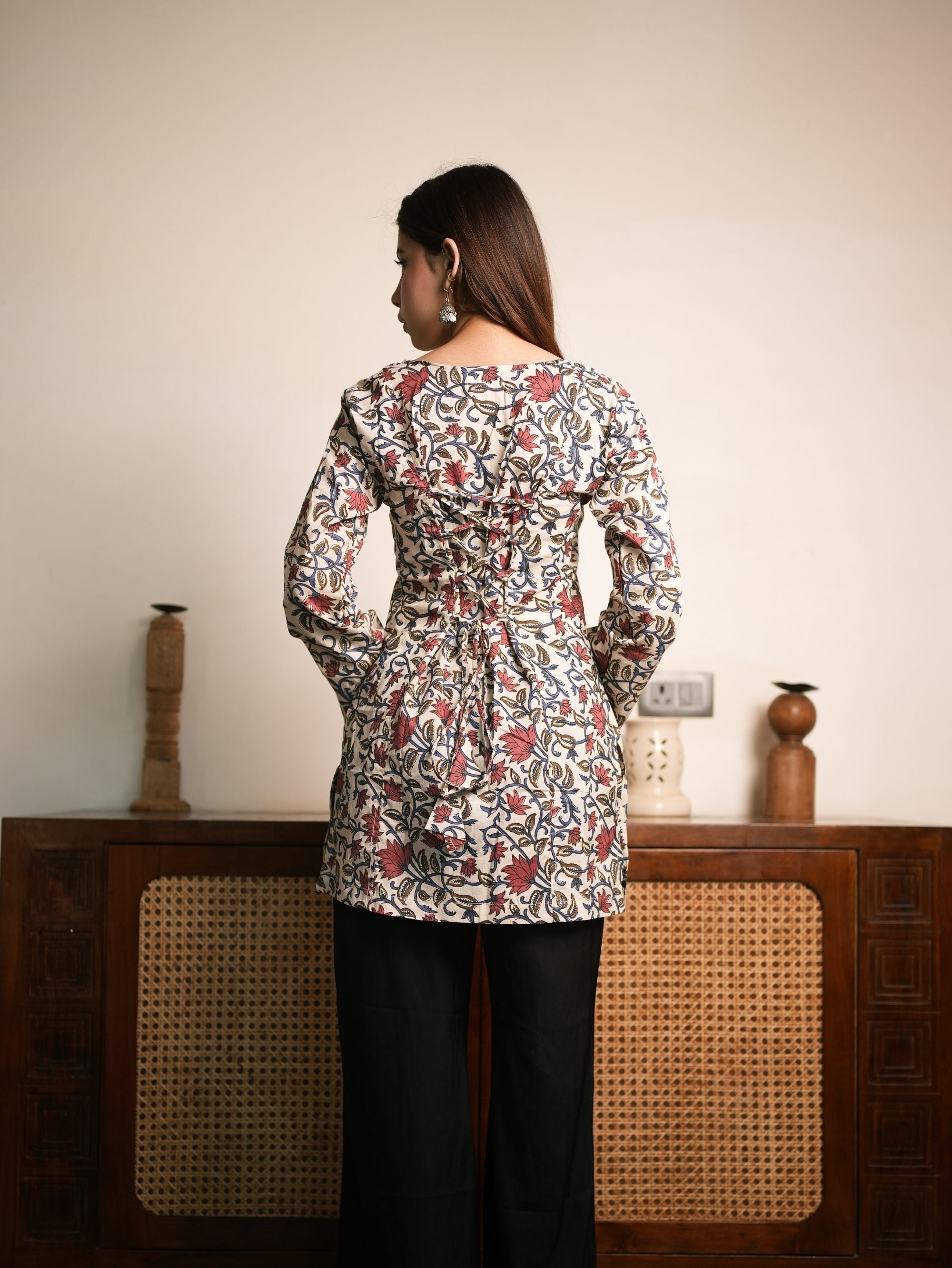 Blush on Beige Ivory Red Handblock Short Kurti