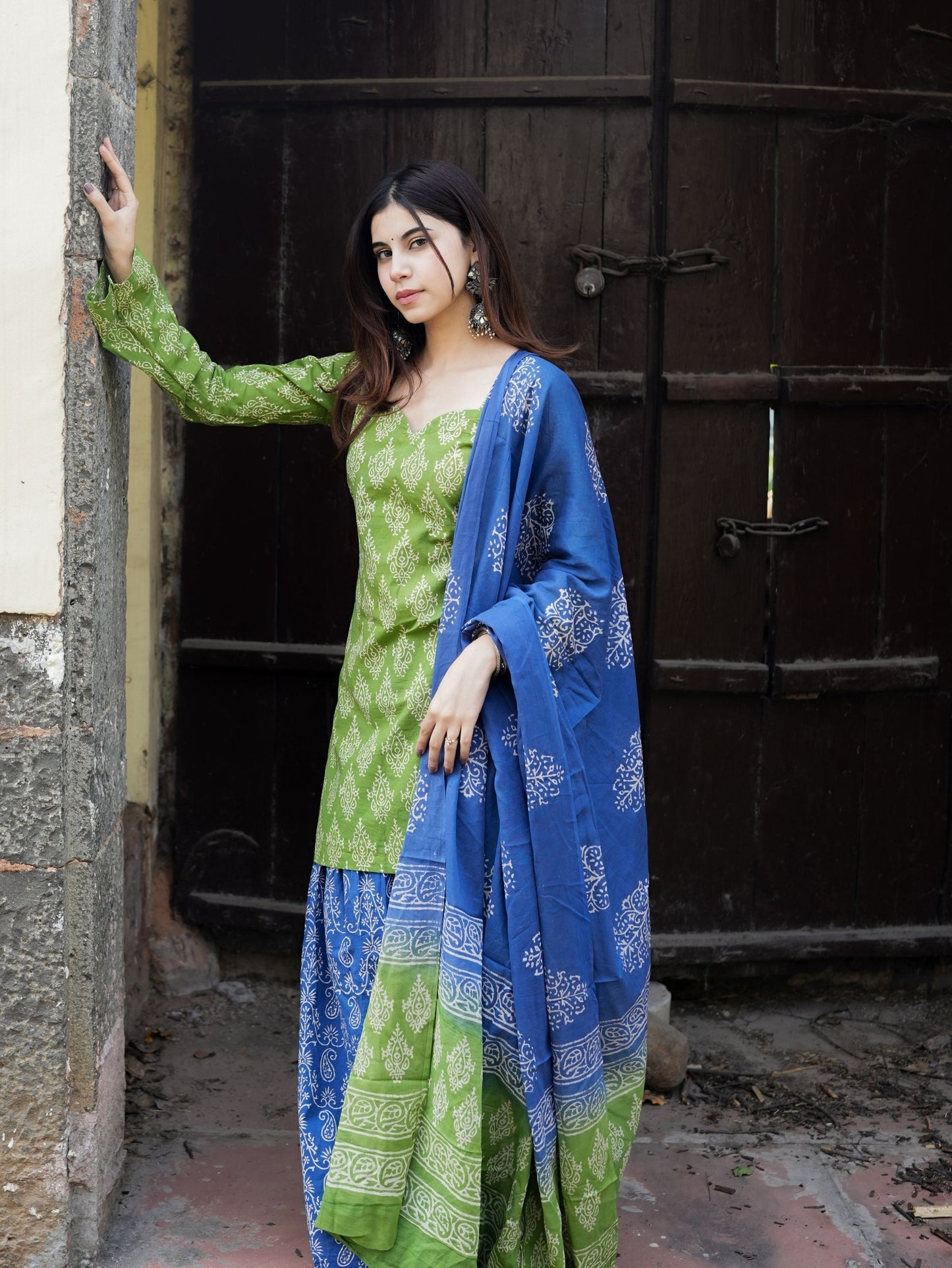 Suhani Green Blue Cotton Farshi Salwar Suit Set