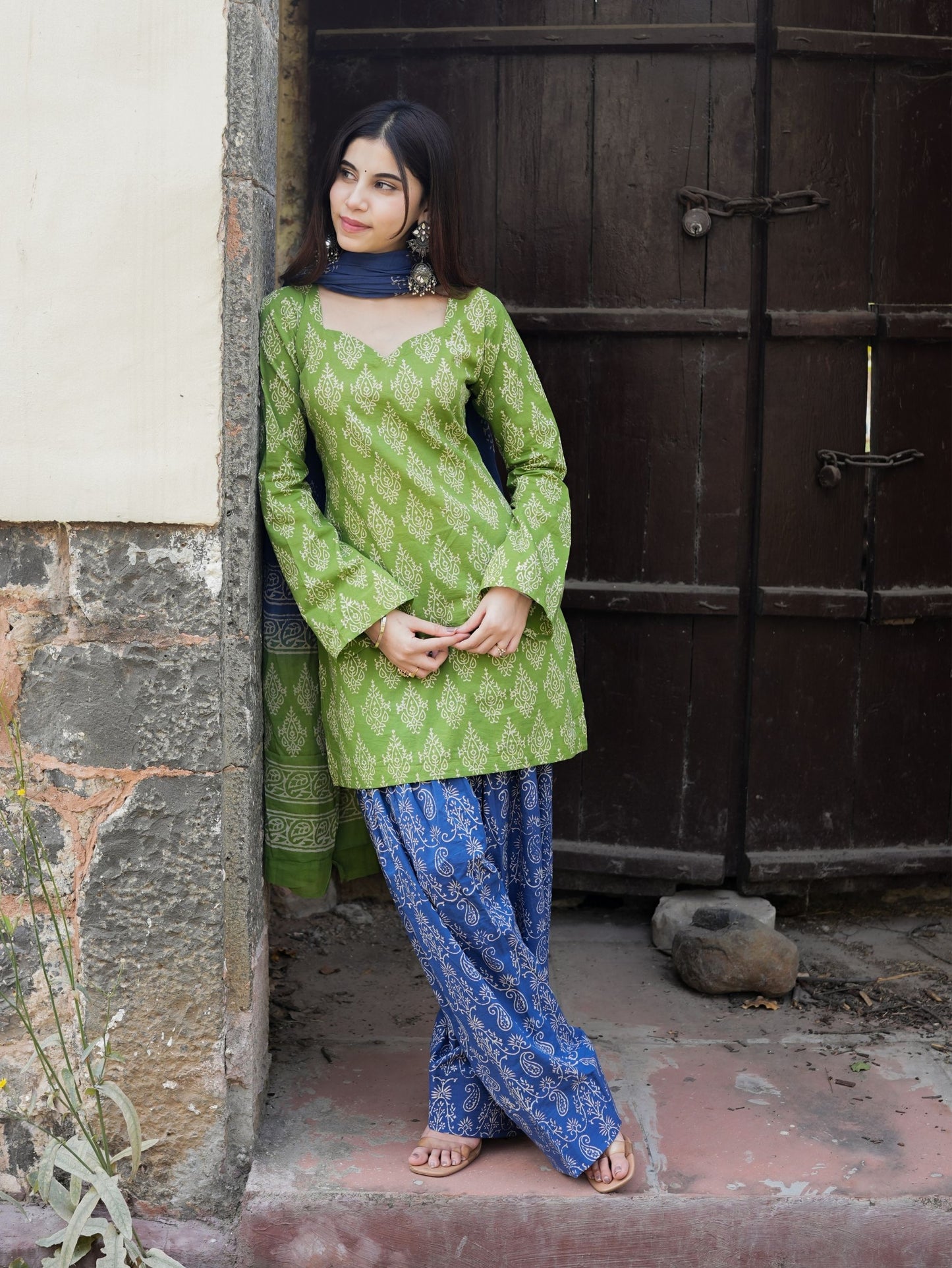 Suhani Green Blue Cotton Farshi Salwar Suit Set
