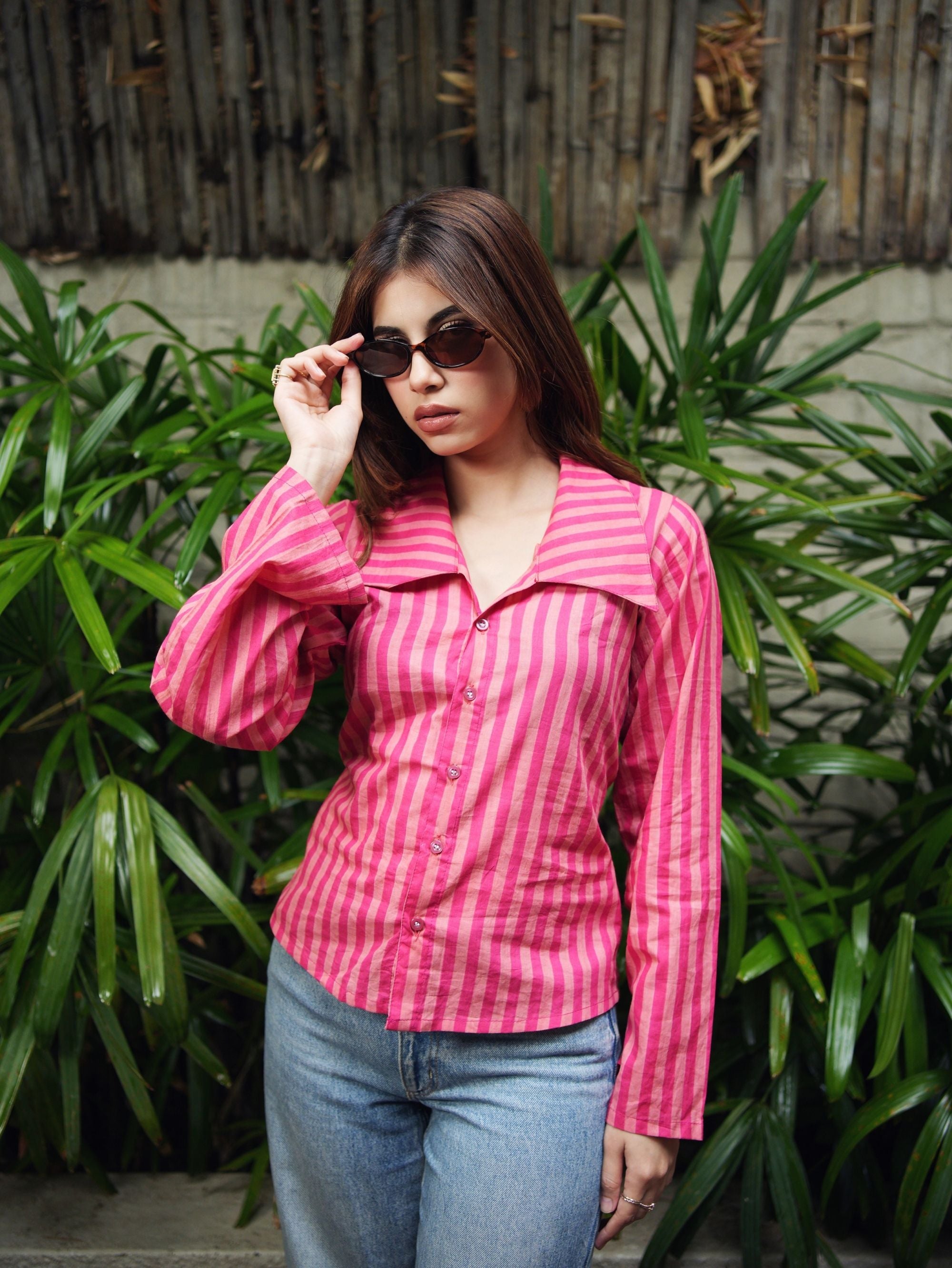 Aditi Cotton Shirt for Women - Pink Striped Corset Back Shirt