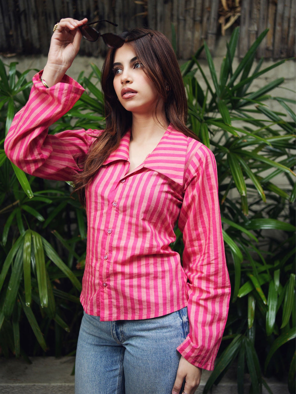 Aditi Cotton Shirt for Women - Pink Striped Corset Back Shirt