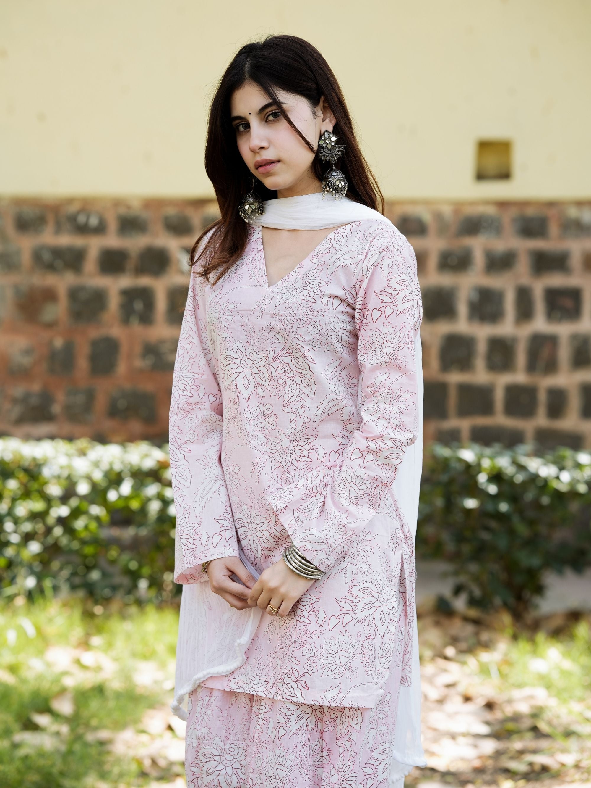 Paro Pink Cotton Farshi Salwar Kurta Set with Chiffon Dupatta