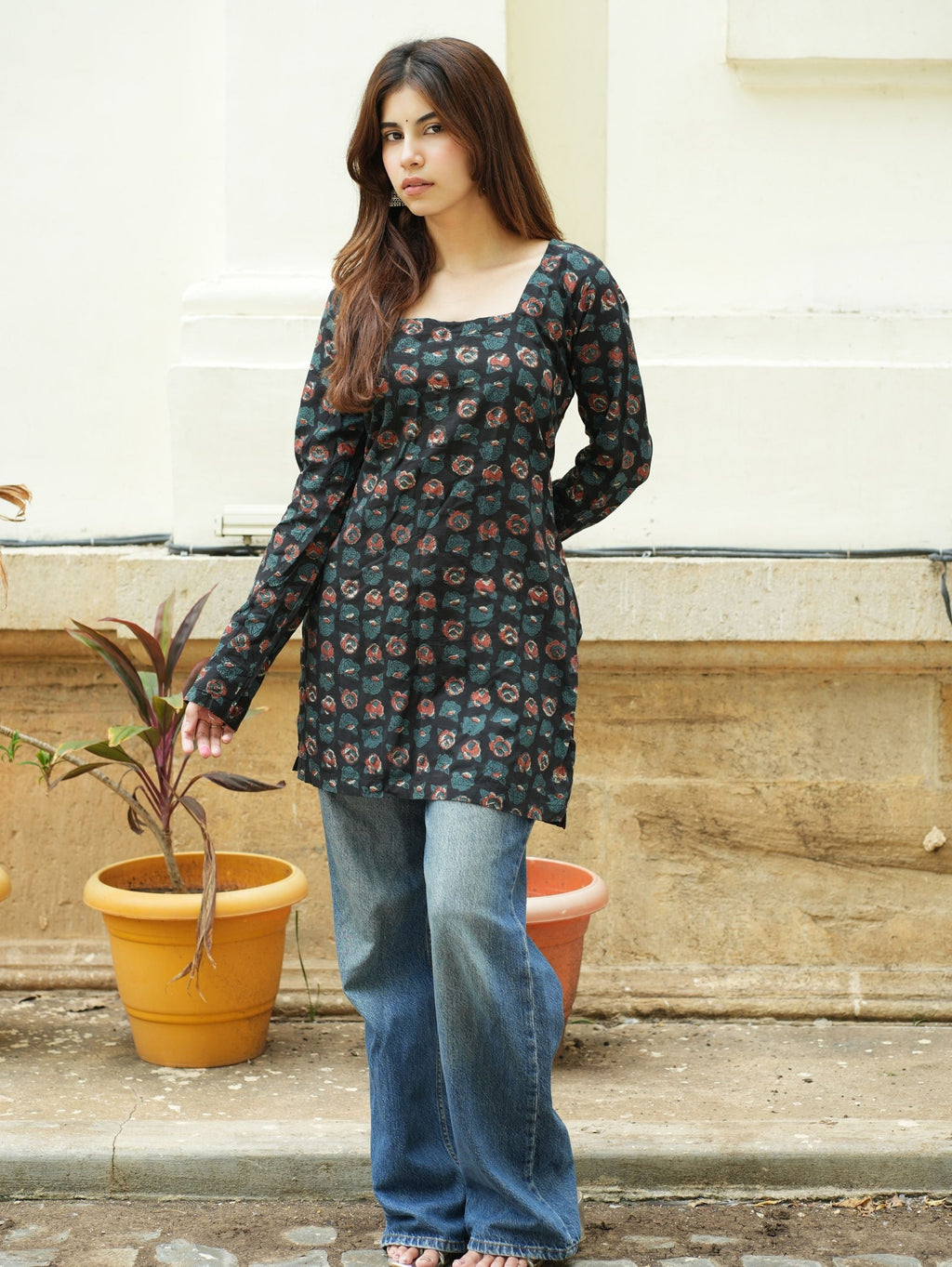 Meera Short Kurti for Women - Black Bagru Print Cotton Kurti
