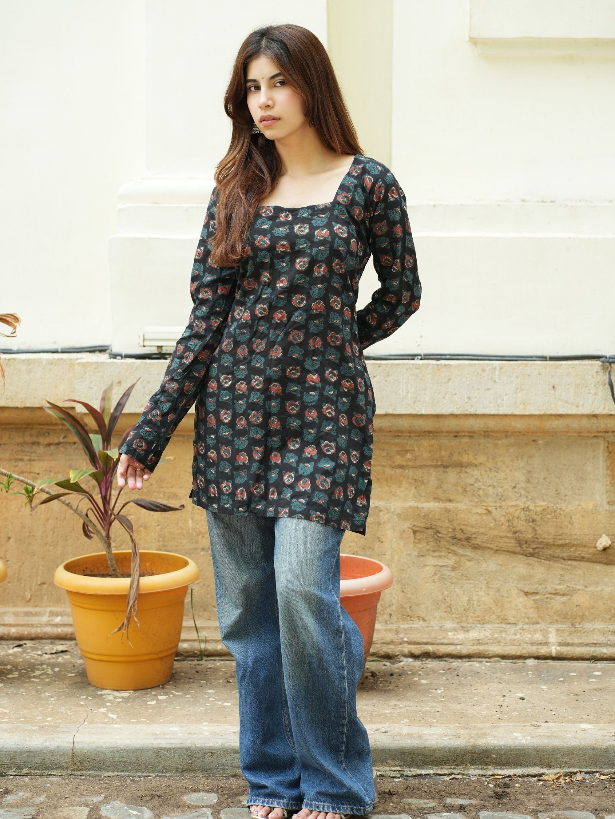 Meera Short Kurti for Women - Black Bagru Print Cotton Kurti