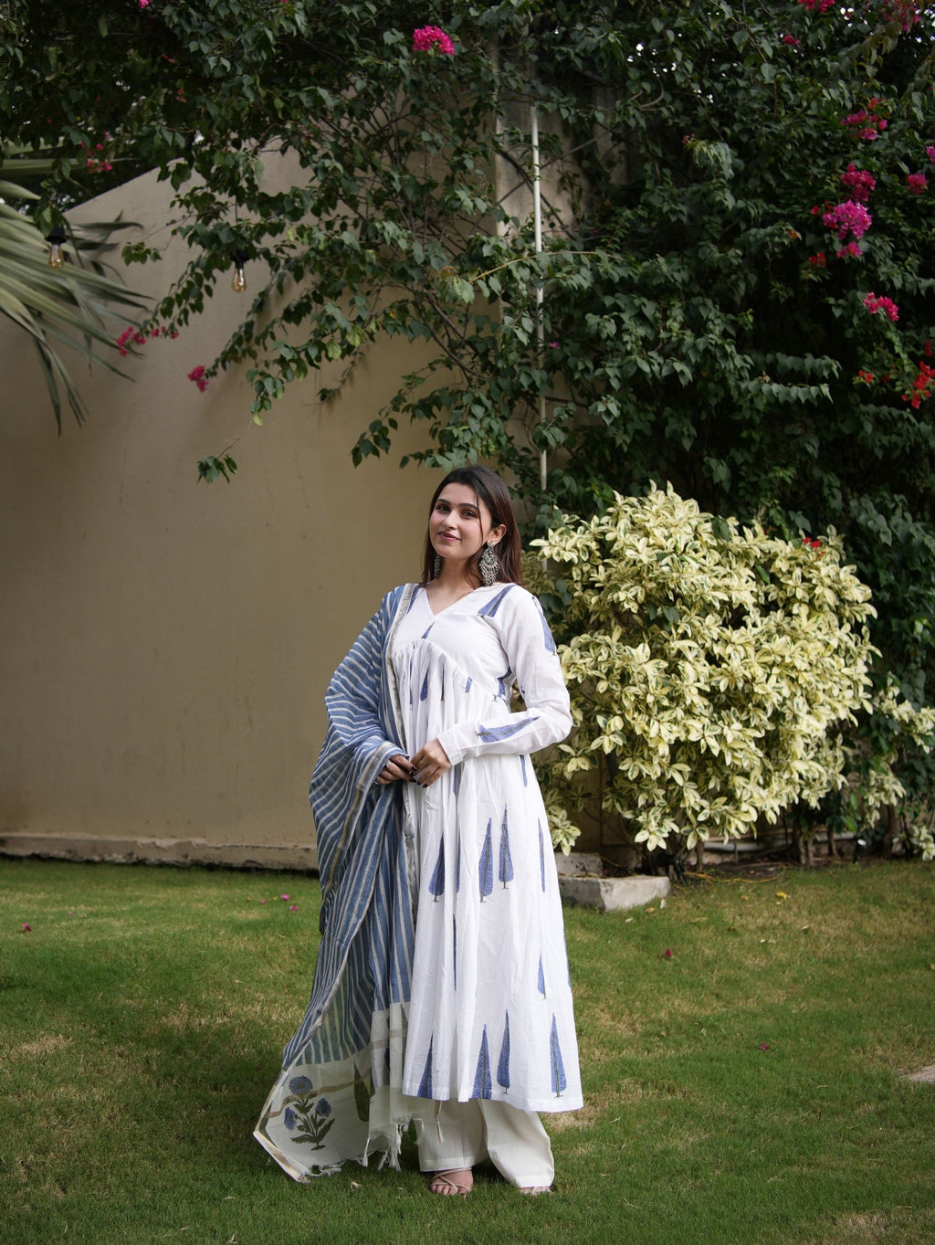 Tripura White & Blue Three Piece Alia Cut Anarkali Set