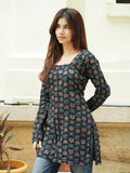 Meera Short Kurti for Women - Black Bagru Print Cotton Kurti