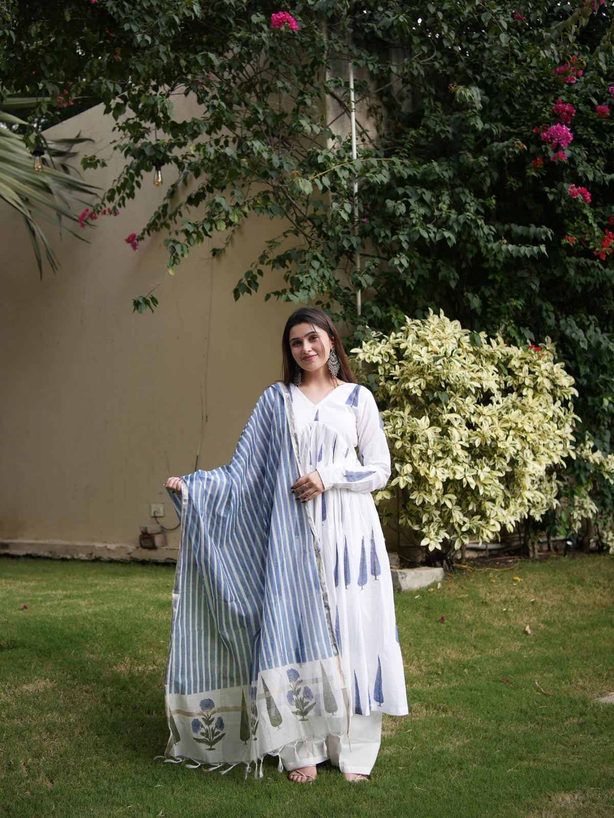Tripura White & Blue Three Piece Alia Cut Anarkali Set