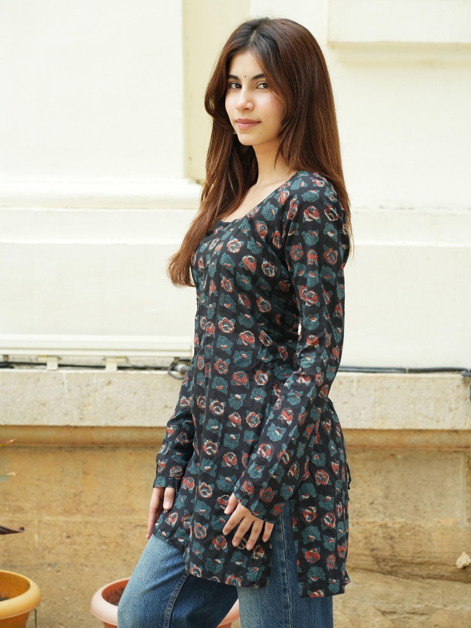 Meera Short Kurti for Women - Black Bagru Print Cotton Kurti