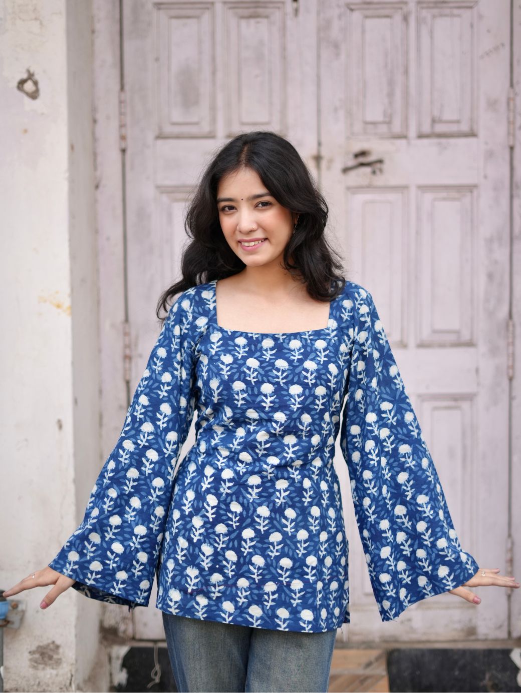 Sky Flora Cotton Square Neck Short Kurti